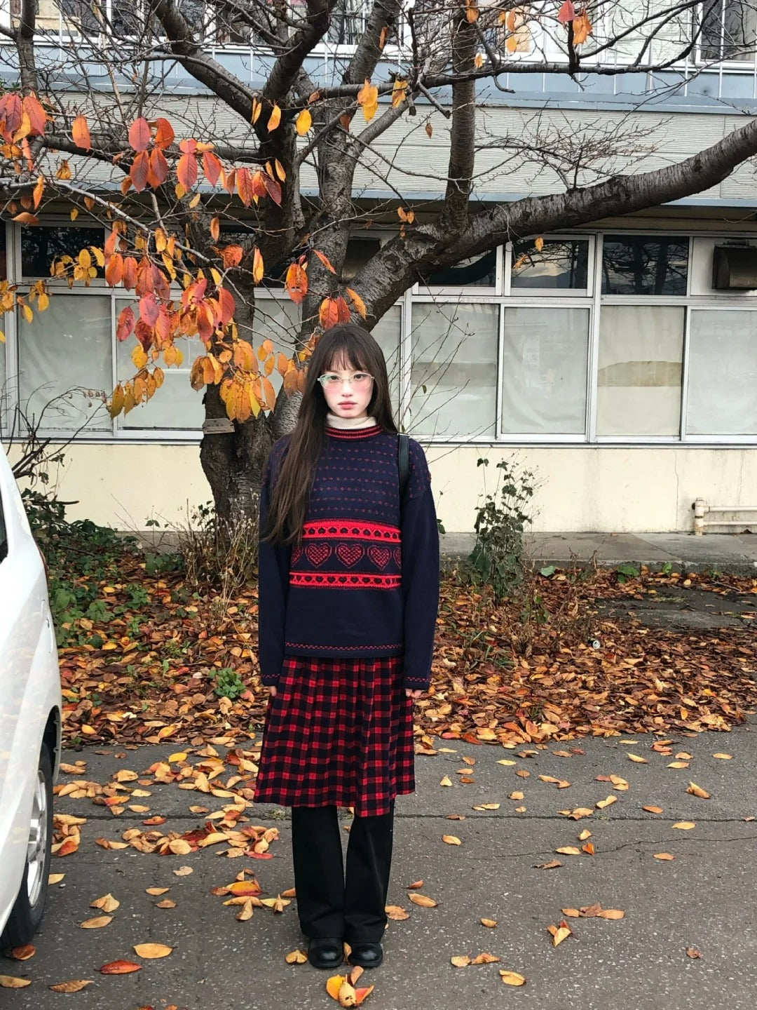 Zzouu - Cozy Dark Blue Heart Pullover Sweater