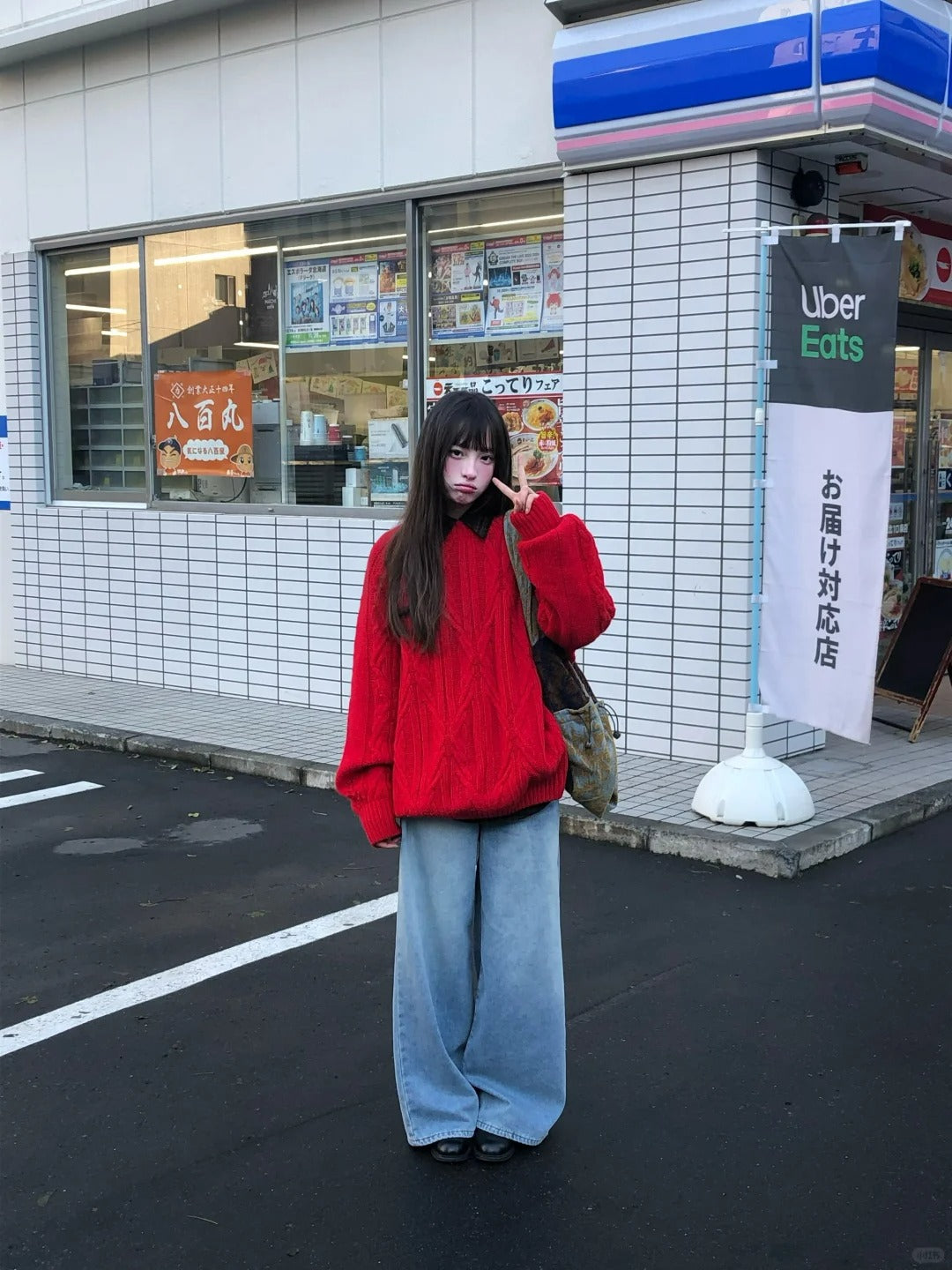 Zzouu - Plain Knitted Sweater - Red and White