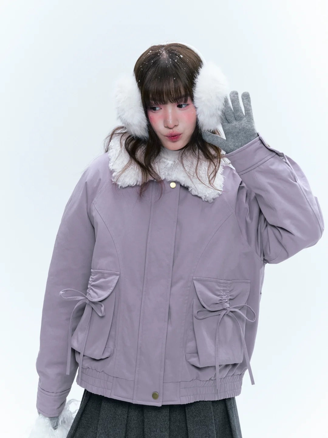 CREAMO2 - Taro Gray-Purple Detachable Shearling-Collar Retro Padded Jacket