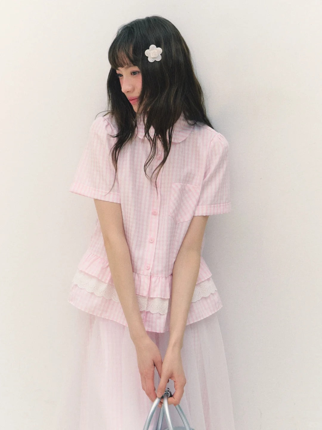 罐头士多所 - 樱绯雨 Pink Gingham Lace Shirt & Tulle-Accented Skirt Set