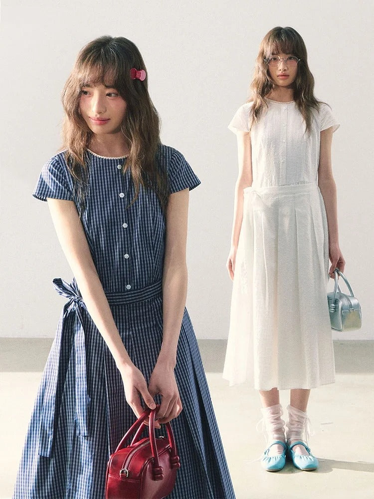 罐头粪便 - Summer Picnic Gingham Mini Dress – Short Sleeves & Waist Tie Detail