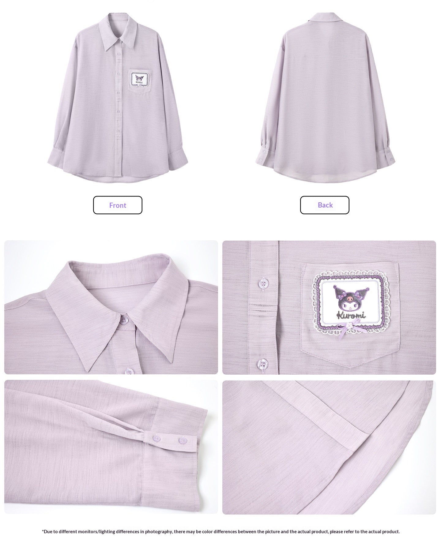 170726K "Campus Icons" Gray Purple Relaxed Polo Overshirt (Kuromi / My Melody / Cinnamoroll)