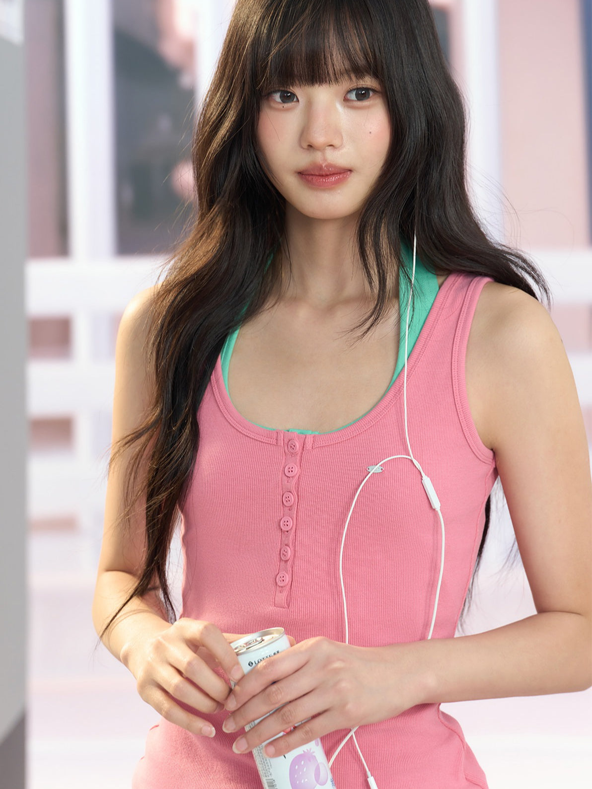 "Everyday Departure" Pink Henley Racerback Tank Top
