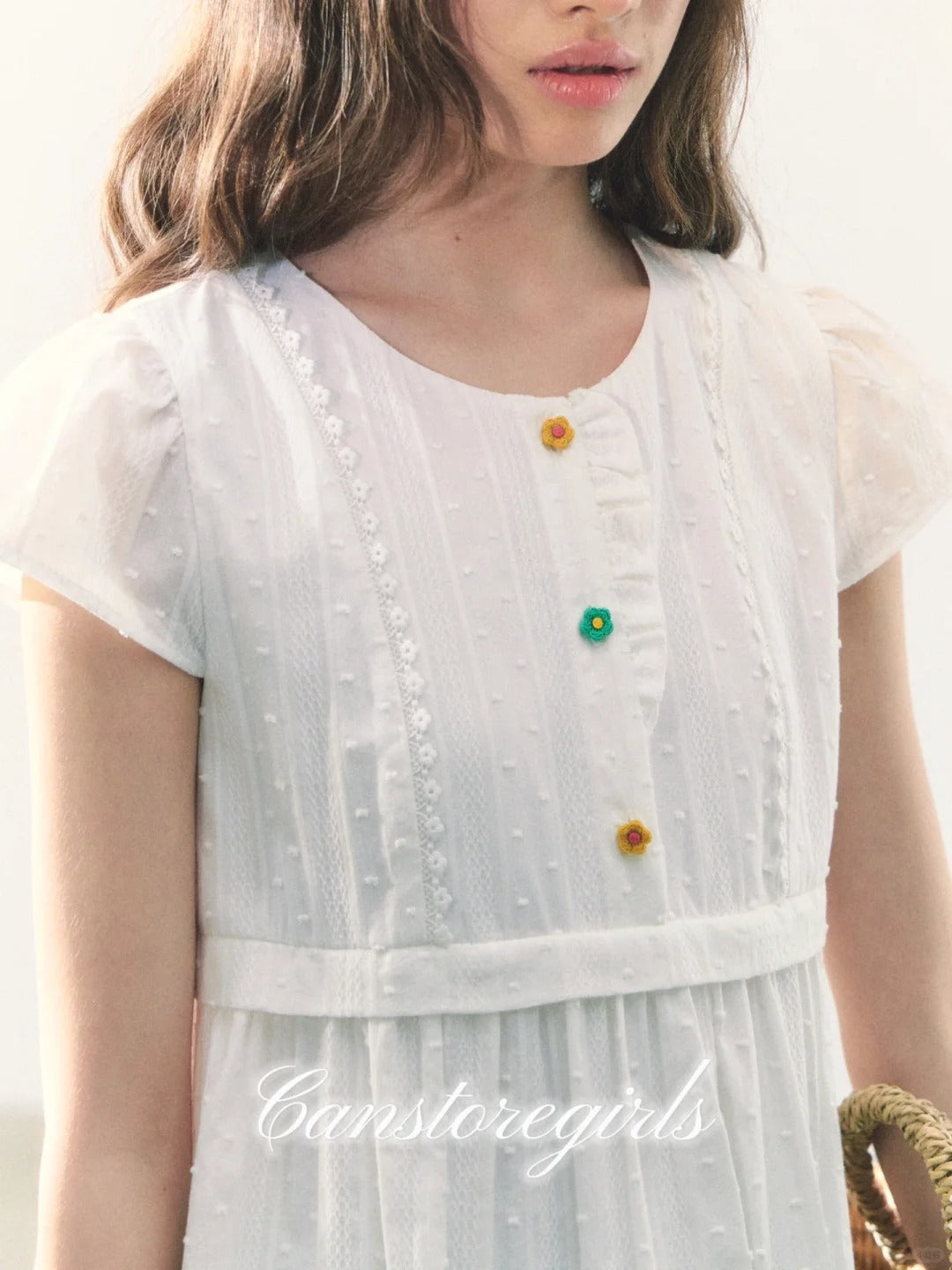 罐头粪便 - White Puff-Sleeve Dress + Forest Plaid Contrast Skirt
