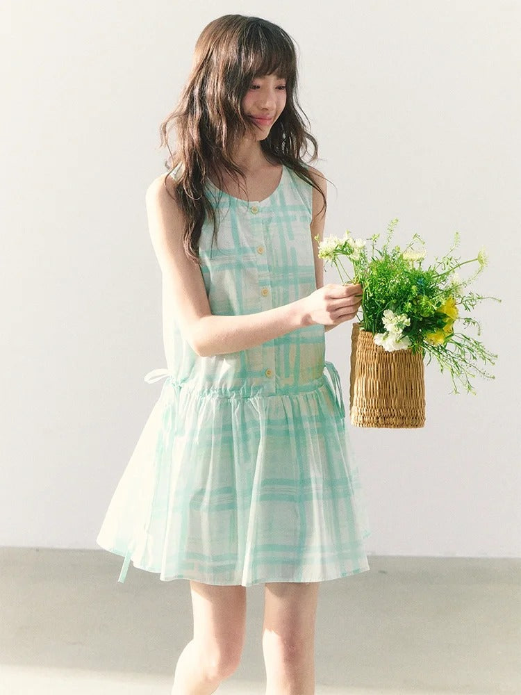 罐头粪便 - Preppy Style Plaid Sleeveless A-Line Midi Dress