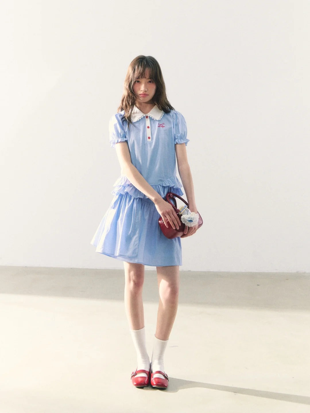 罐头士多所 - "Alice Formula" Light Blue Puff Sleeve Peter Pan Collar Blouse + Skirt Set