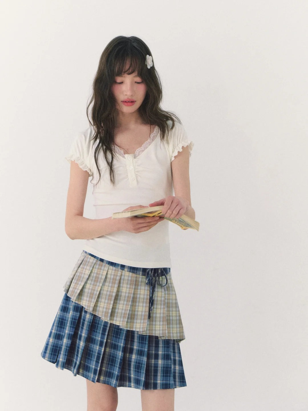 罐头粪便 - Preppy Gingham Patchwork Pleated Skirt – Asymmetric Mini Skirt