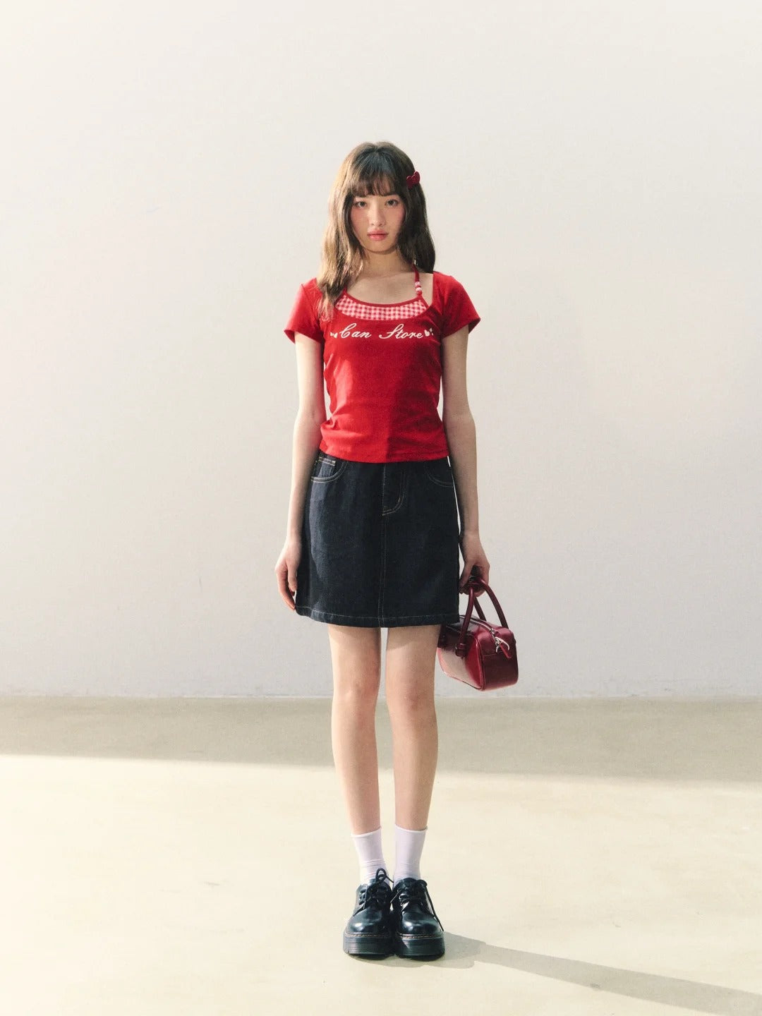 罐头士多所 - Original Girly Embroidered Denim A-Line Skirt
