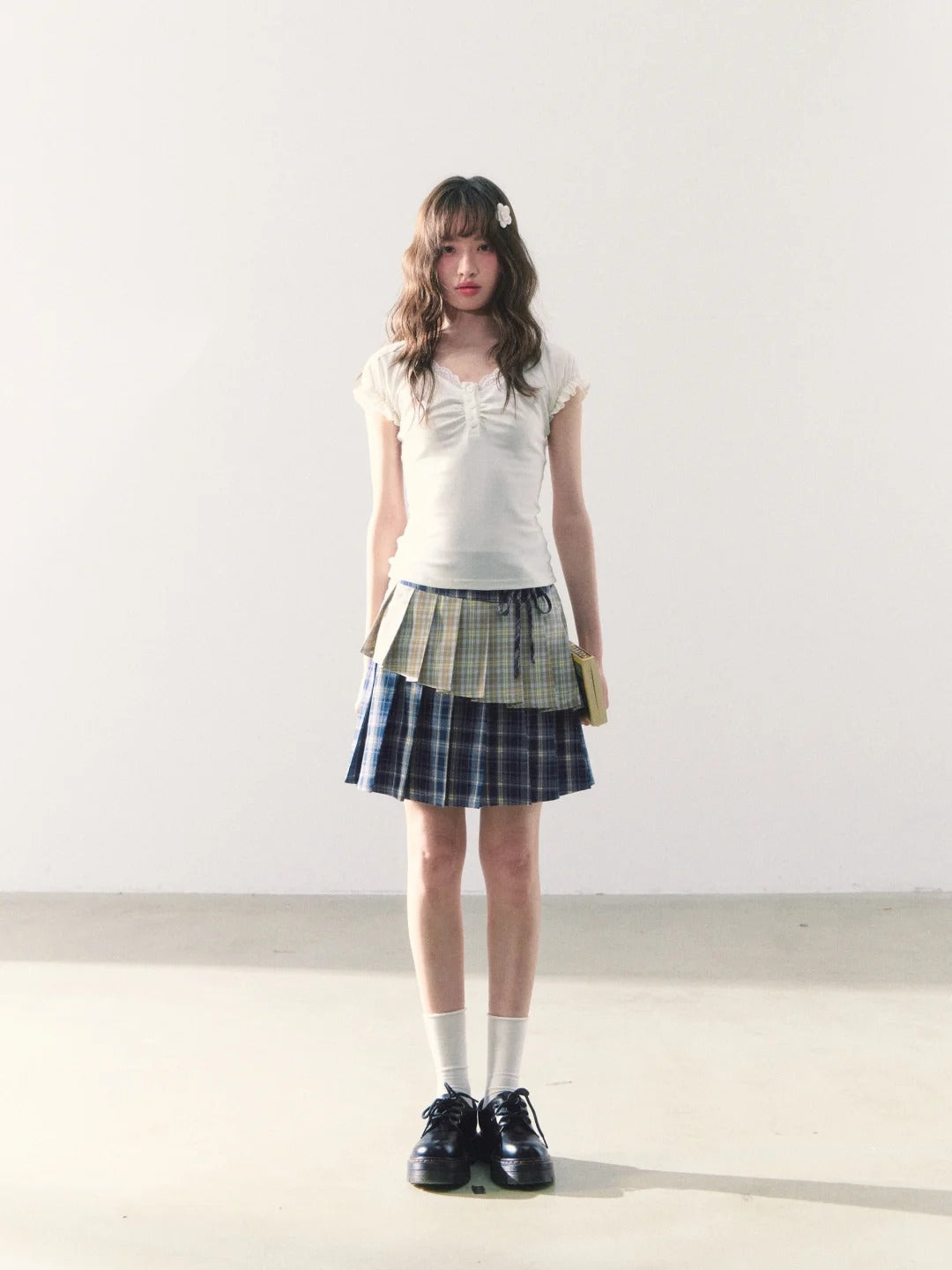 罐头粪便 - Preppy Gingham Patchwork Pleated Skirt – Asymmetric Mini Skirt