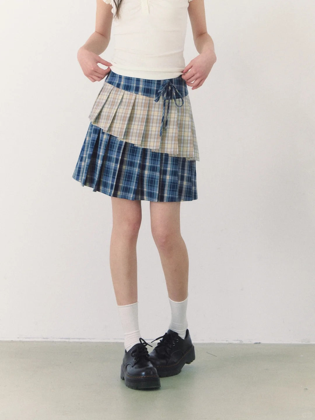 罐头粪便 - Preppy Gingham Patchwork Pleated Skirt – Asymmetric Mini Skirt