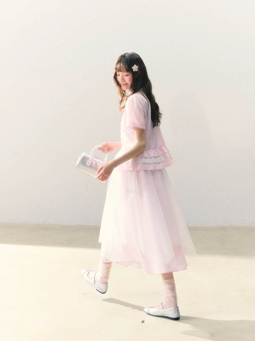 罐头士多所 - 樱绯雨 Pink Gingham Lace Shirt & Tulle-Accented Skirt Set