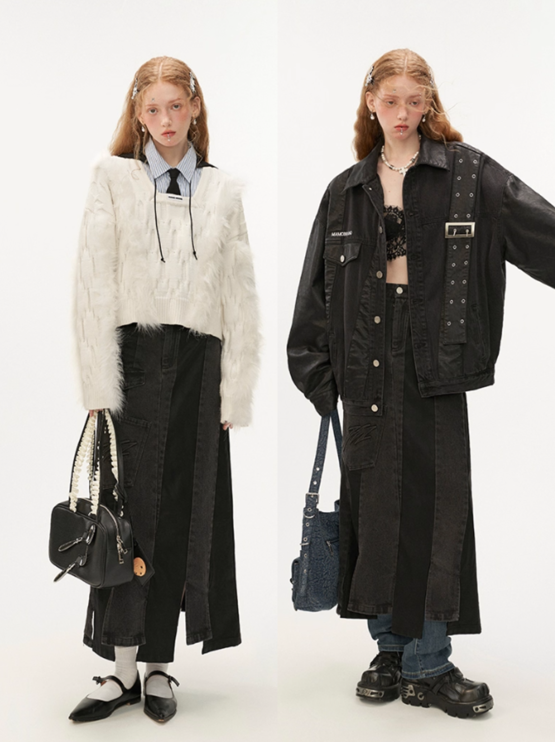 MAMC - Asymmetrical Denim & Faux Leather Panel Skirt