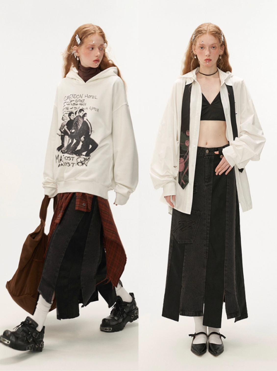 MAMC - Asymmetrical Denim & Faux Leather Panel Skirt