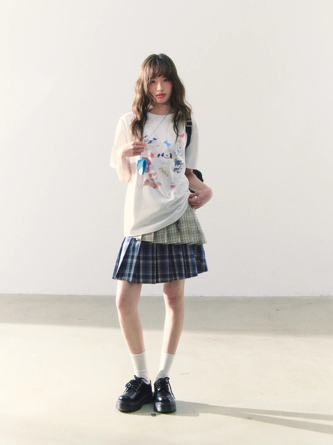罐头粪便 - Preppy Gingham Patchwork Pleated Skirt – Asymmetric Mini Skirt