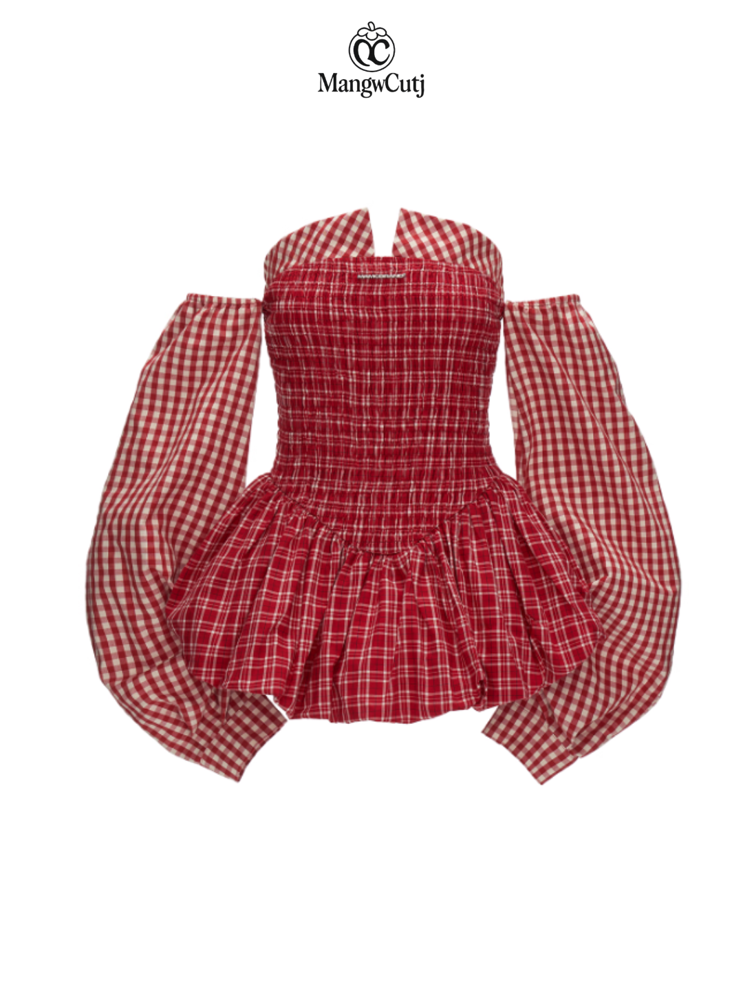 Off-Shoulder Peplum Top WE726 (Red Gingham)