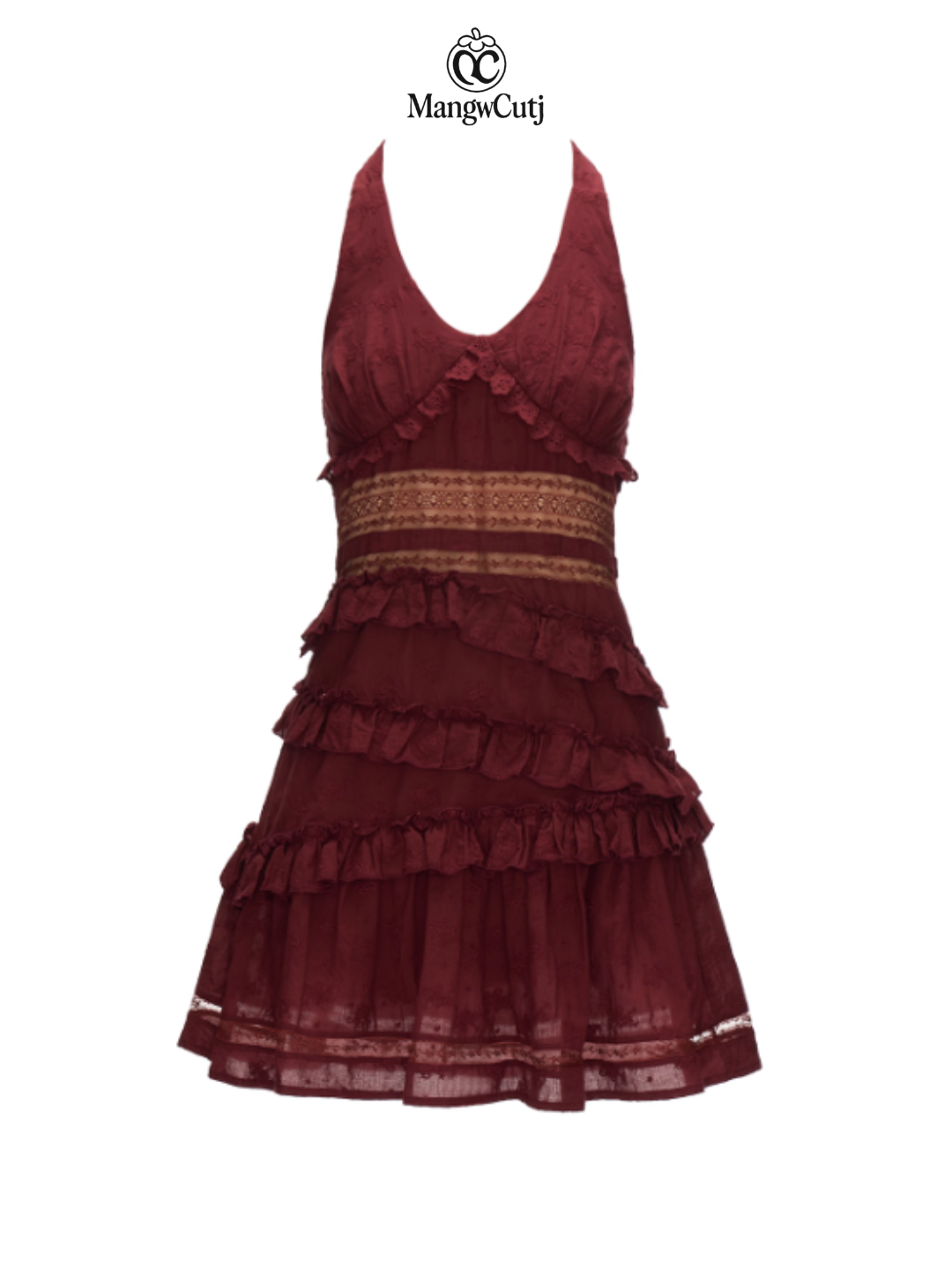 MAMC - Rosalie Lace-Tiered Halter Mini Dress (Wine Red)