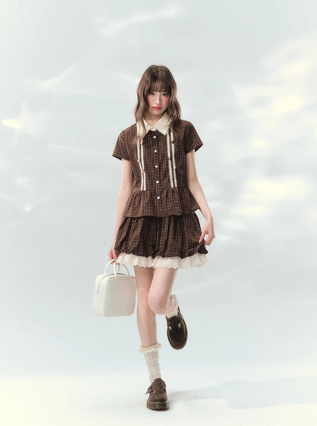 “Caramel Plaid Memoir” Brown Plaid Skirt Set LL2026171
