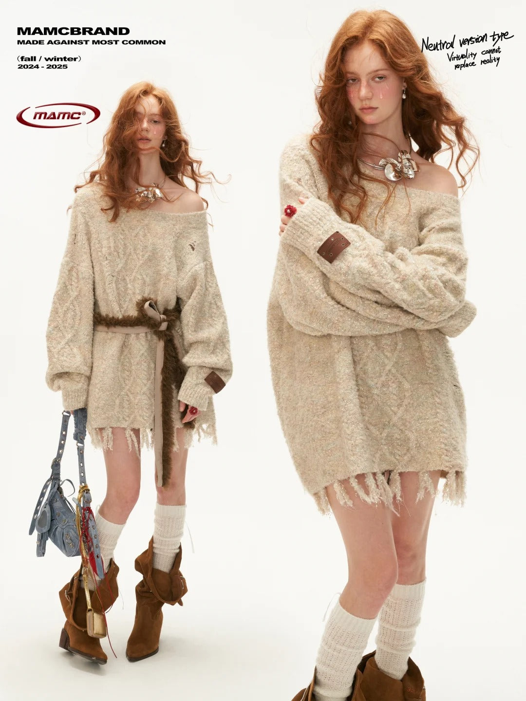 MAMC - Off-Shoulder Fringe Knit Cardigan with Waist Belt