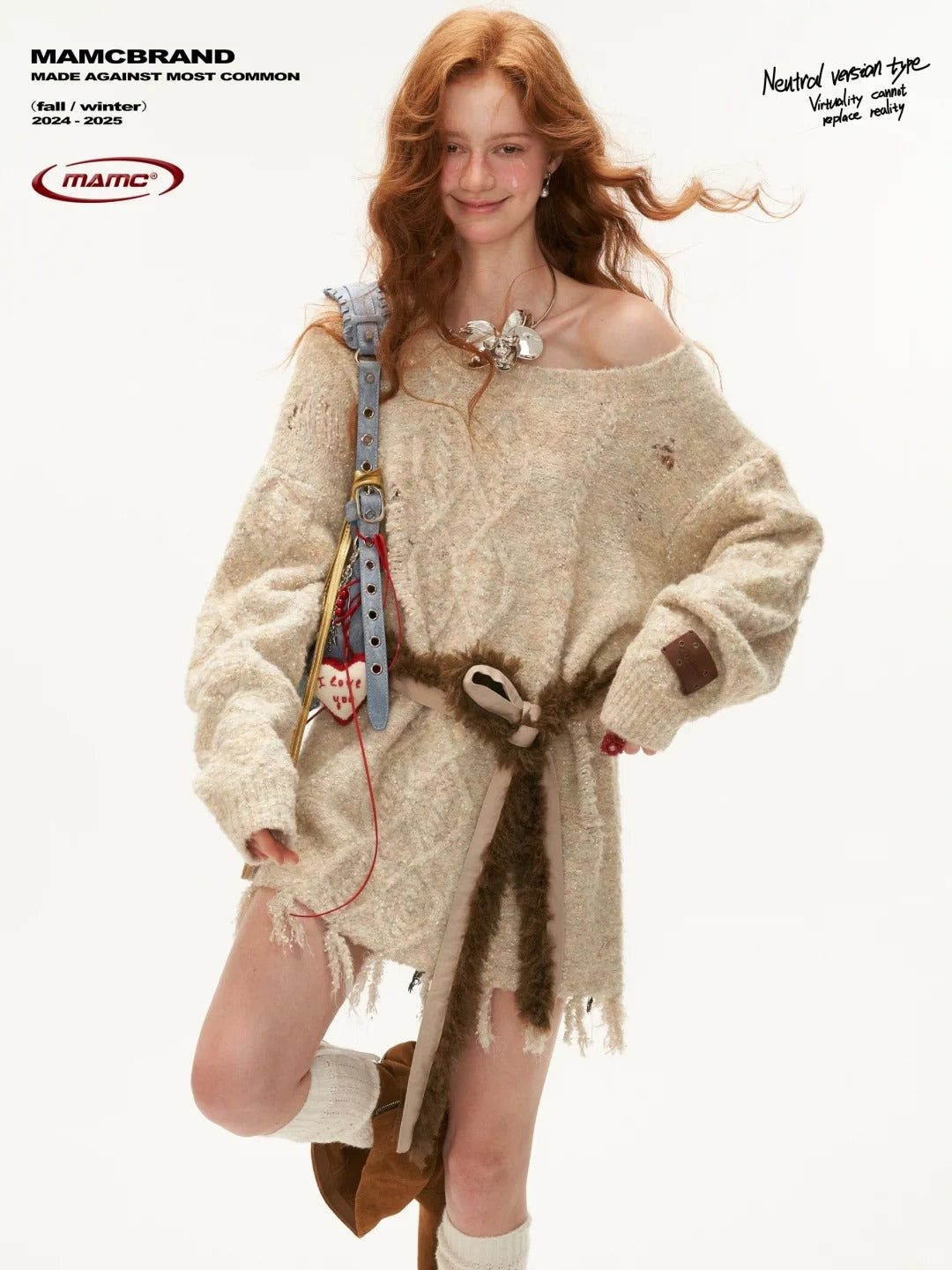 MAMC - Off-Shoulder Fringe Knit Cardigan with Waist Belt