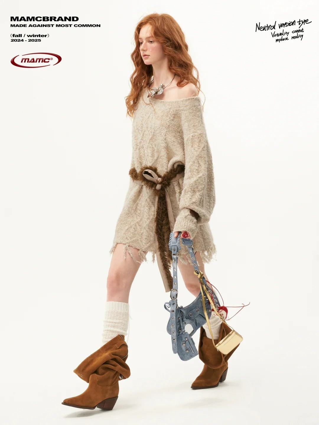 MAMC - Off-Shoulder Fringe Knit Cardigan with Waist Belt