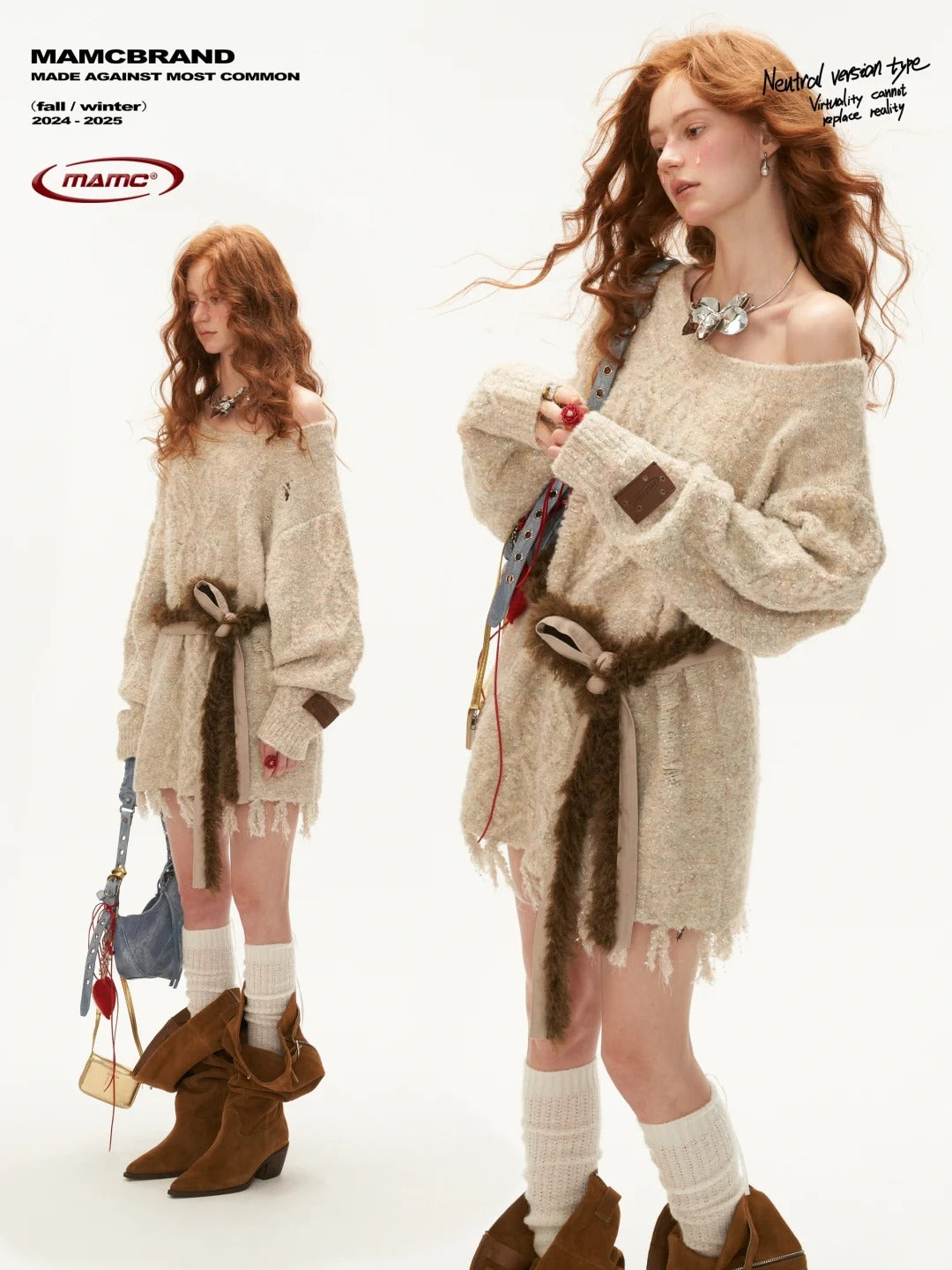 MAMC - Off-Shoulder Fringe Knit Cardigan with Waist Belt