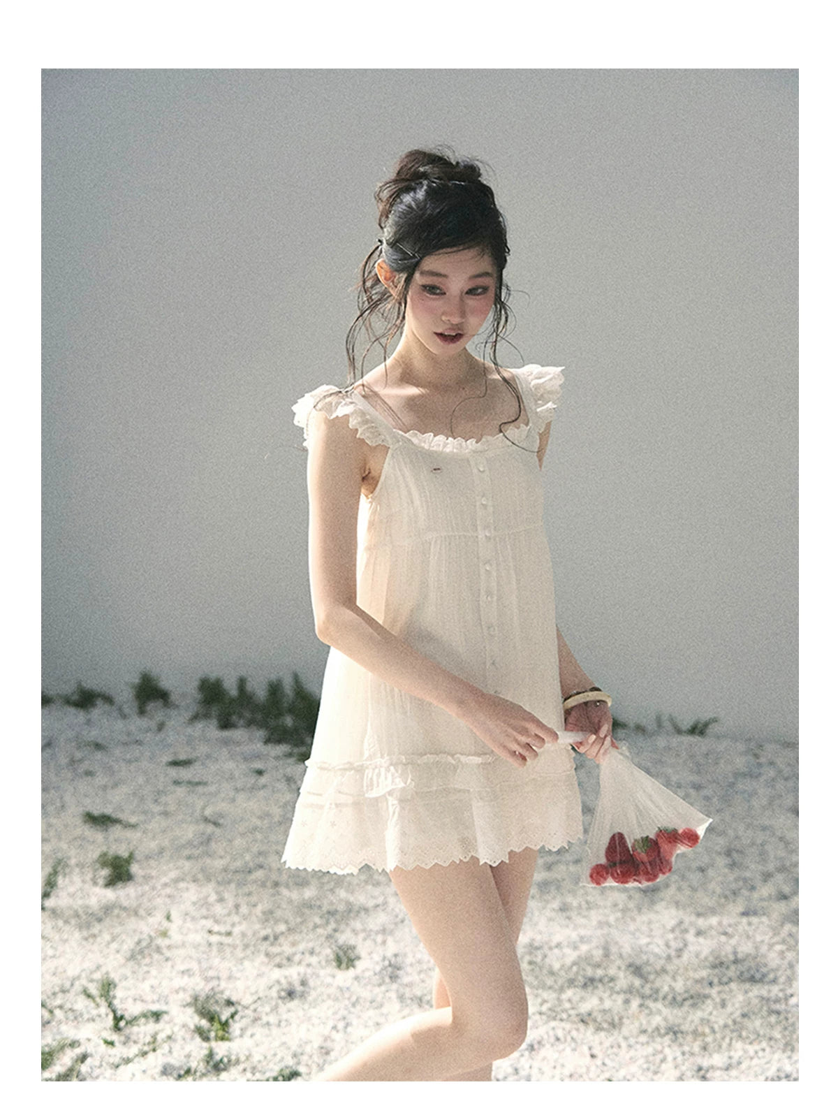 "Shimmer Along the Hem" Cloud White Lace Flutter Sleeve Babydoll Mini Dress 53413