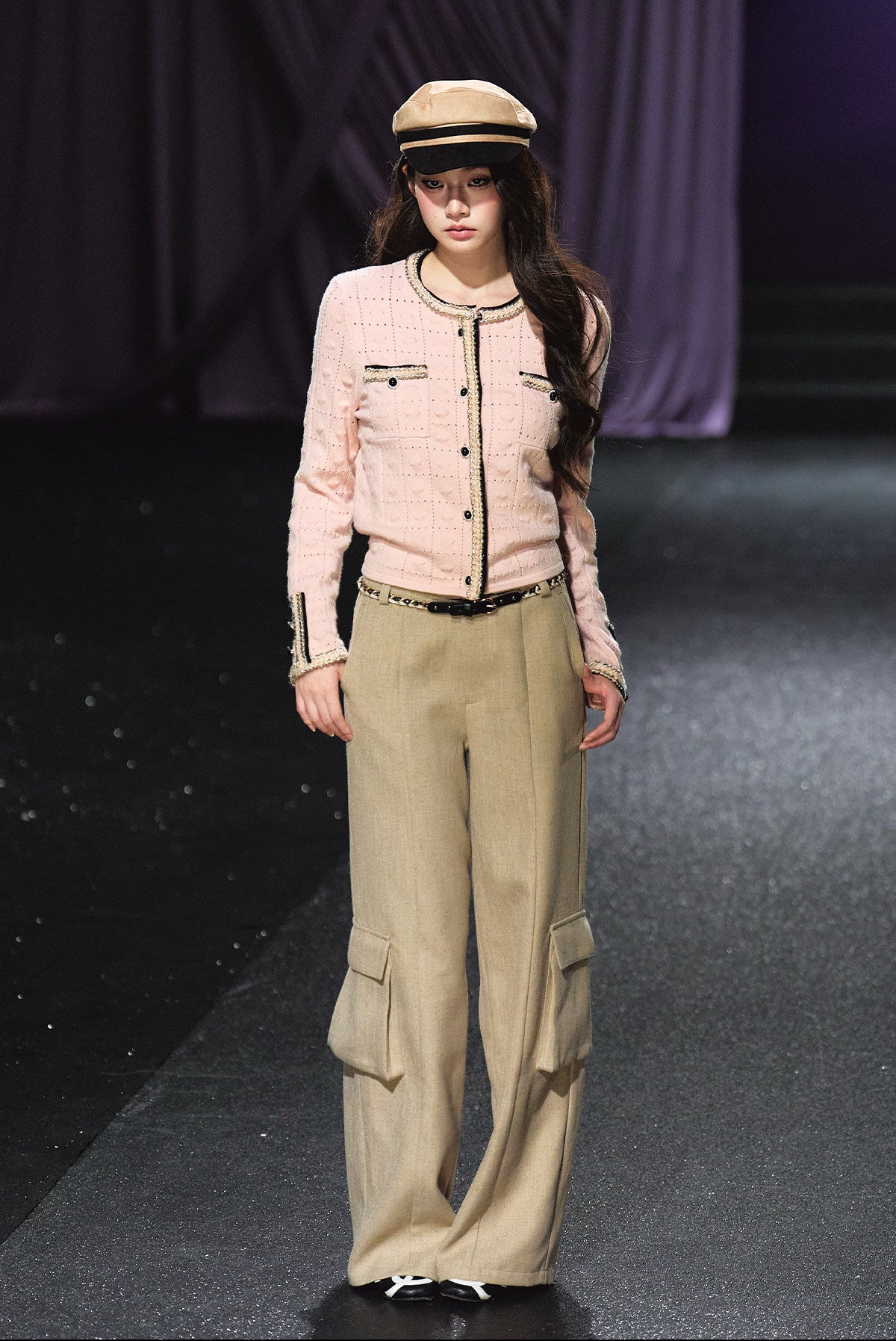 "Rosé Tweed" Pink Openwork Knit Cropped Cardigan