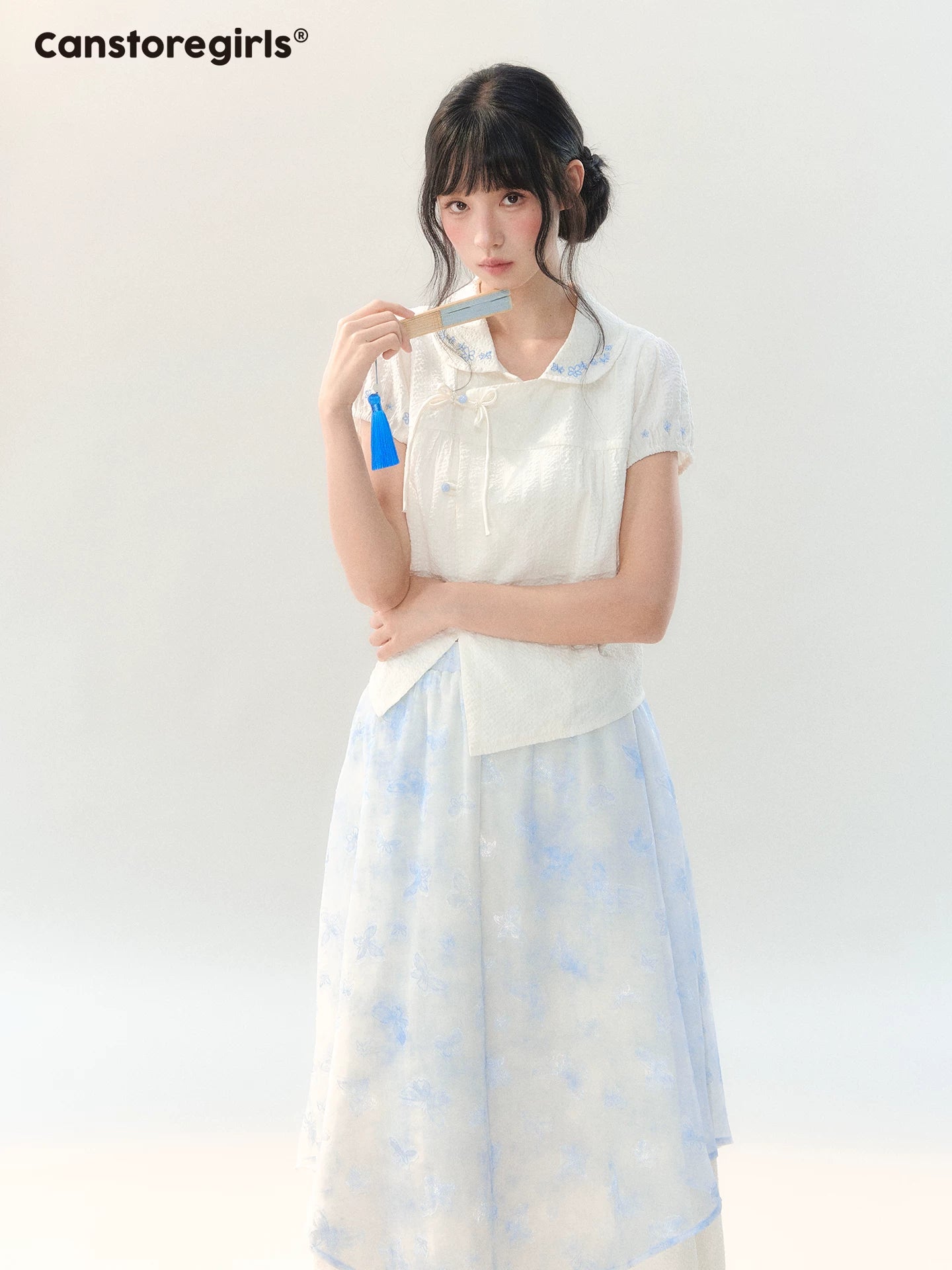 170726C "Butterfly Whispers" Embroidered Puff Sleeve Skirt Set