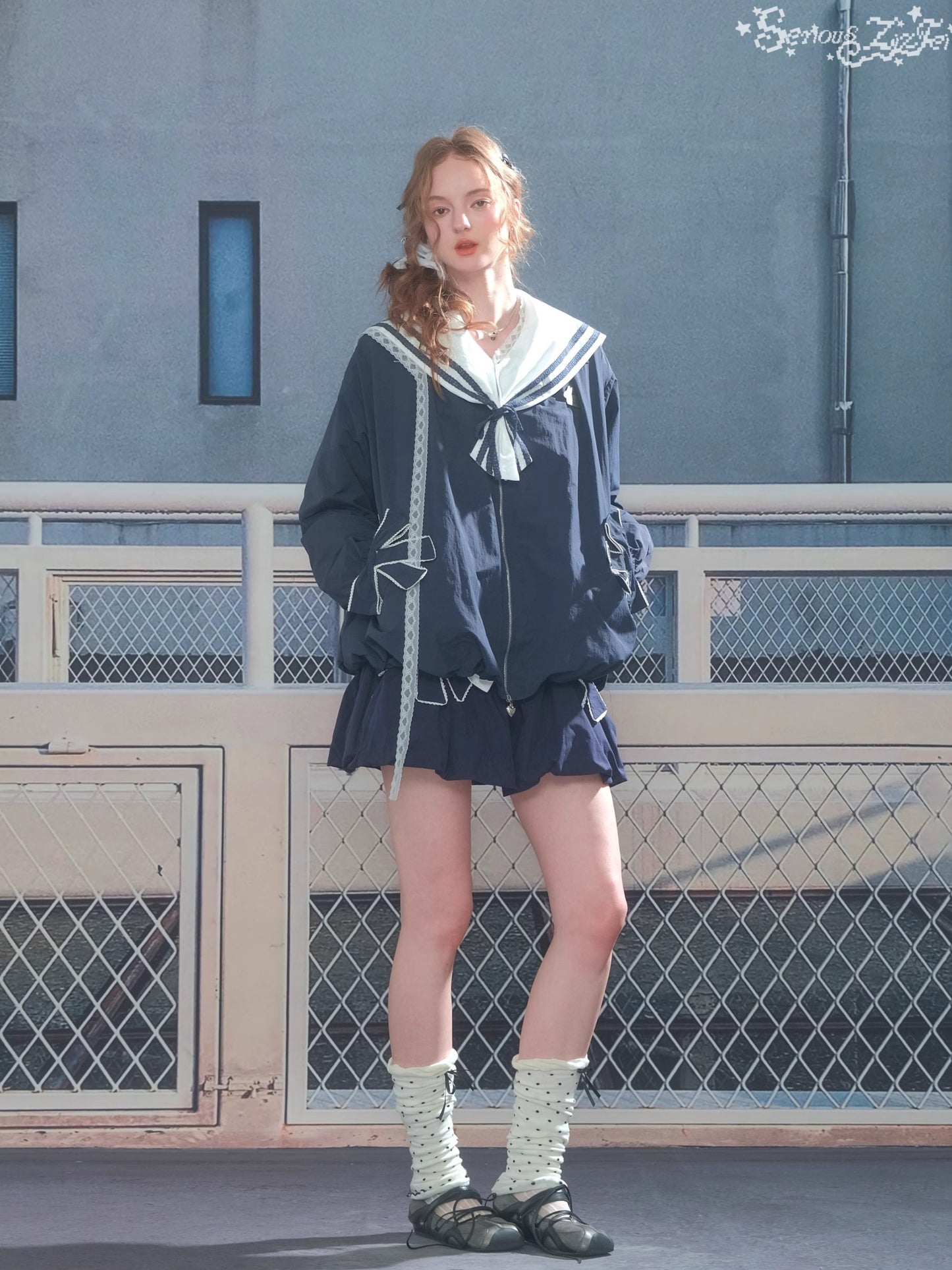 ZiziFei - Y2K High-Waisted Bubble Mini Skirt – Bow Detail A-Line Skirt in Green & Navy