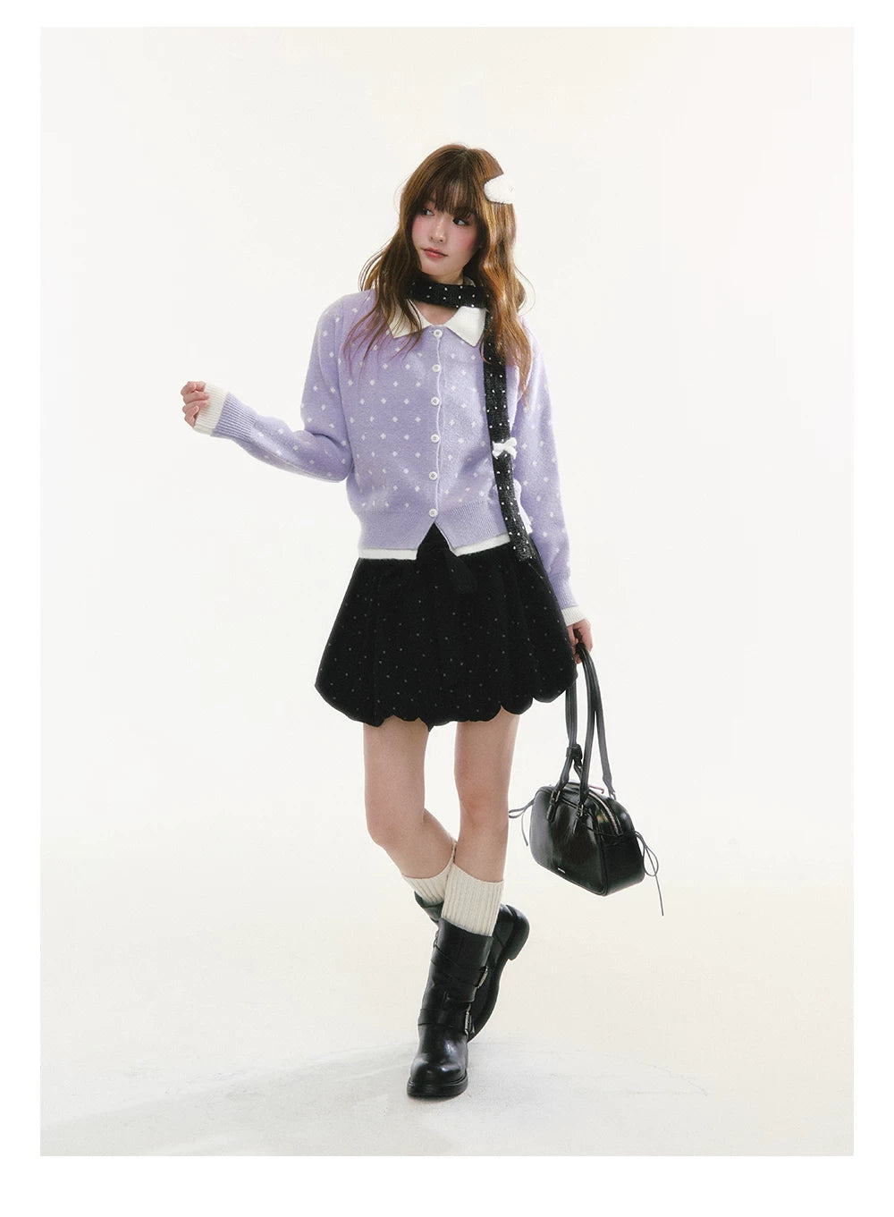CREAMO2 - Polka Dot Knit Cardigan with Contrast Collar (Purple / Navy)