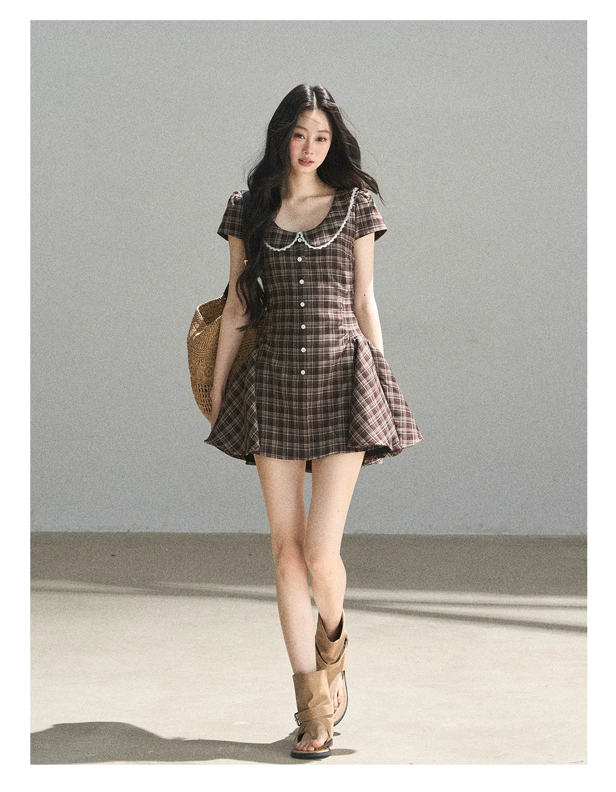 "The Camphor Tree in Late May" Chestnut Brown Plaid Peter Pan Collar Babydoll Mini Dress