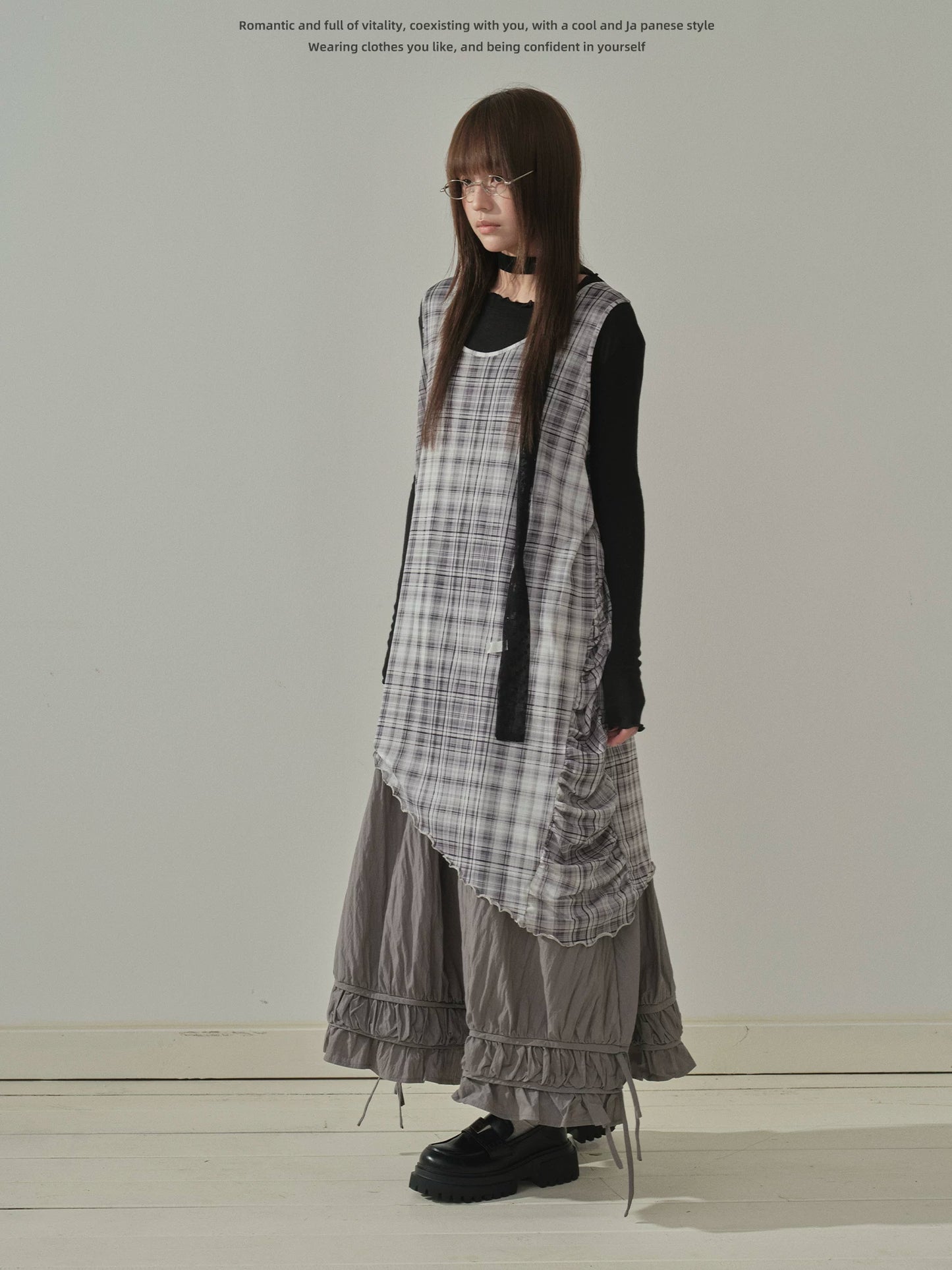 "Quiet Layers" Gray Plaid Mesh Layering Maxi Dress
