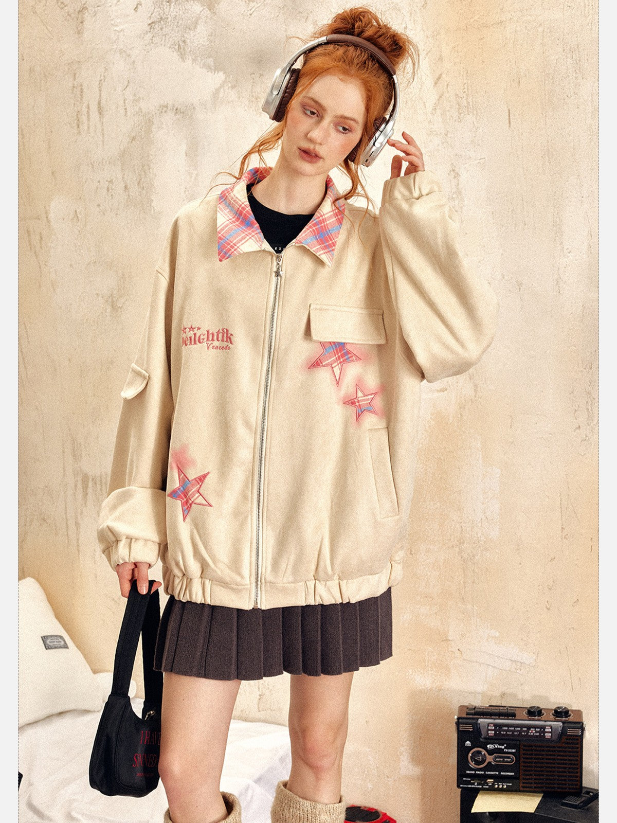 EZEK - Retro Star Embroidery Suede Zip-Up Jacket