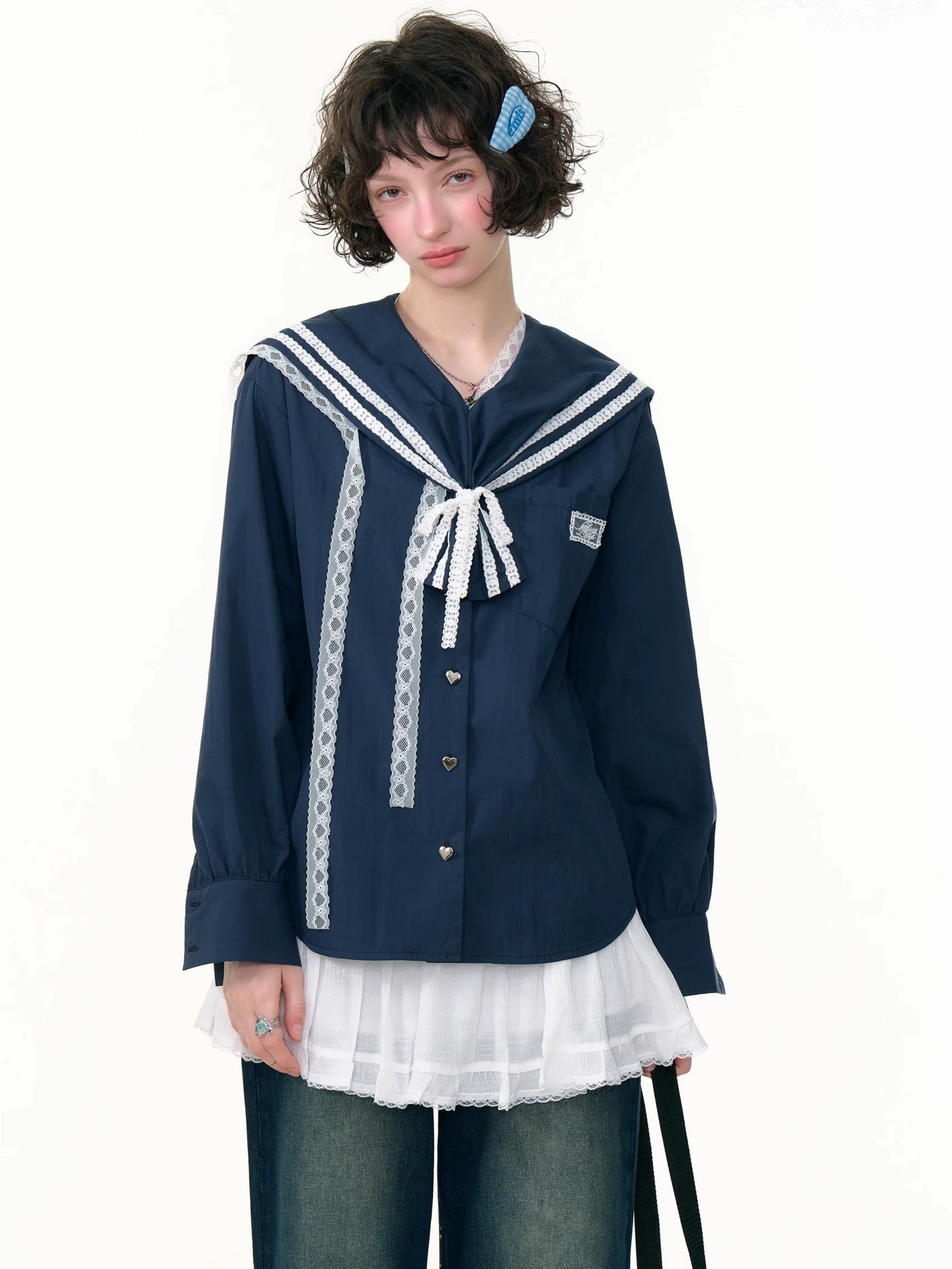 ZiziFei - Navy Collar Lace-Trimmed Long Sleeve Blouse