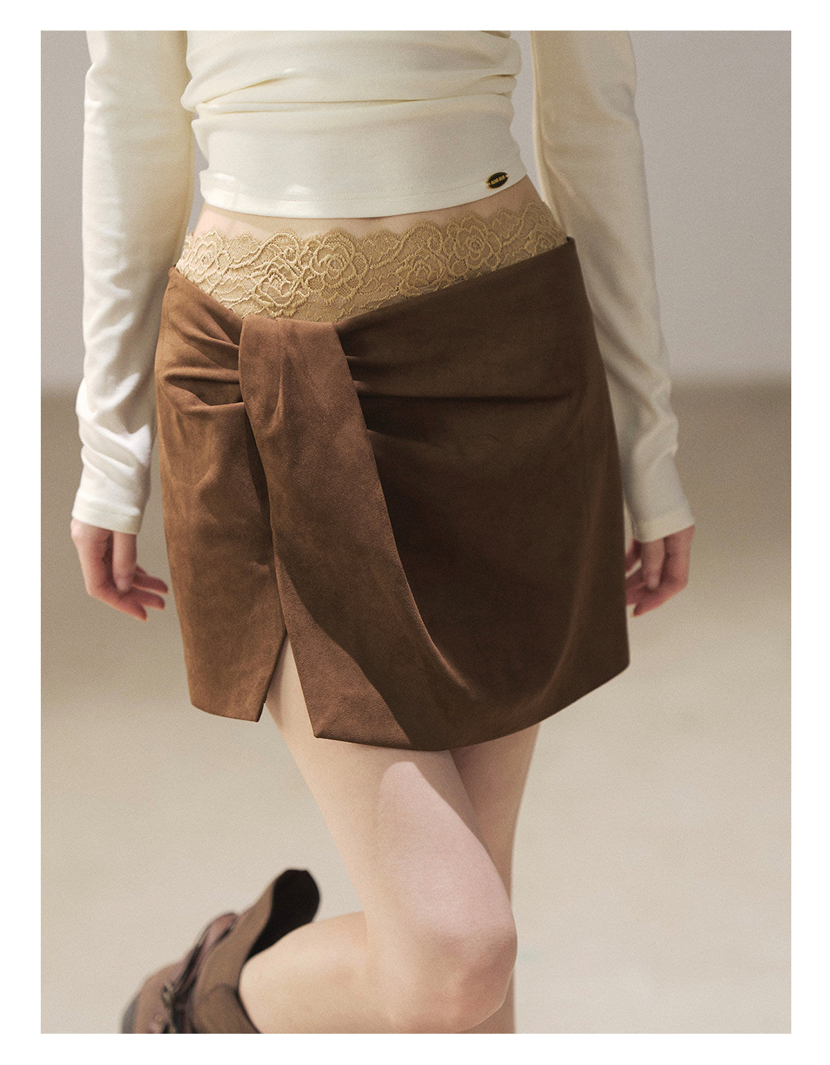 170726 "The Gentle Evening Breeze" Roasted Pecan Lace-Trim Faux Layered Wrap Mini Skirt