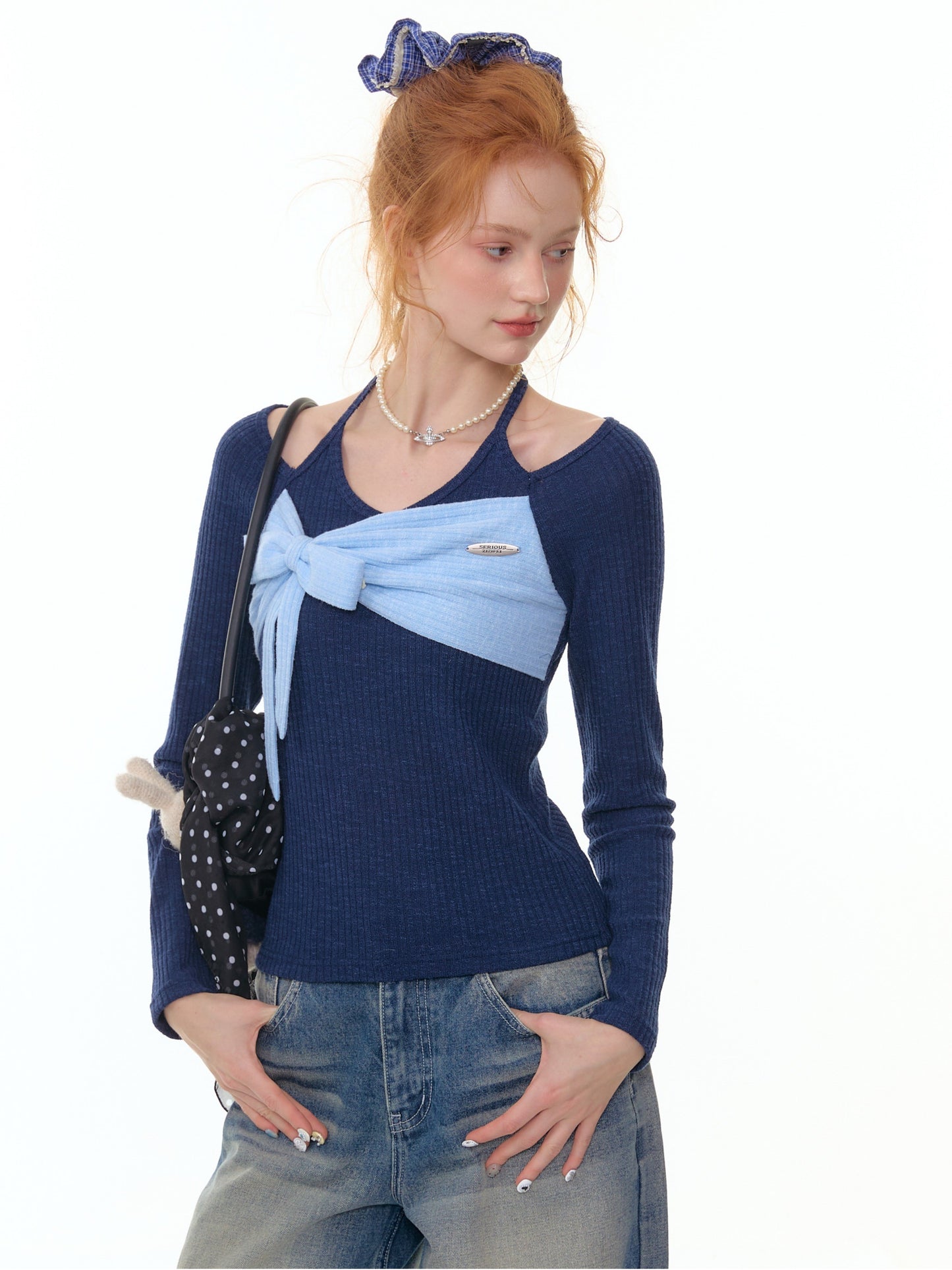 ZiziFei - Halter Ribbed Knit Top with Bow Detail – Green / Blue