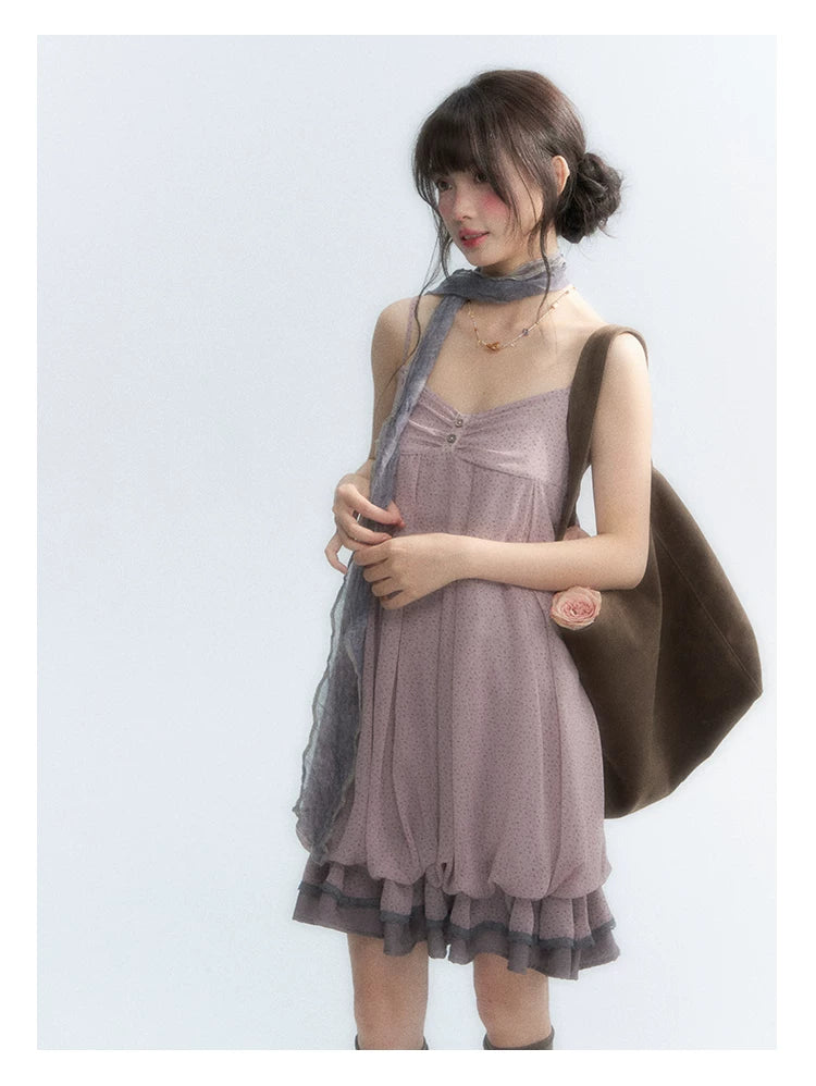 "Misty Lavender Reverie" Vintage Floral Lace Trim Midi Slip Dress