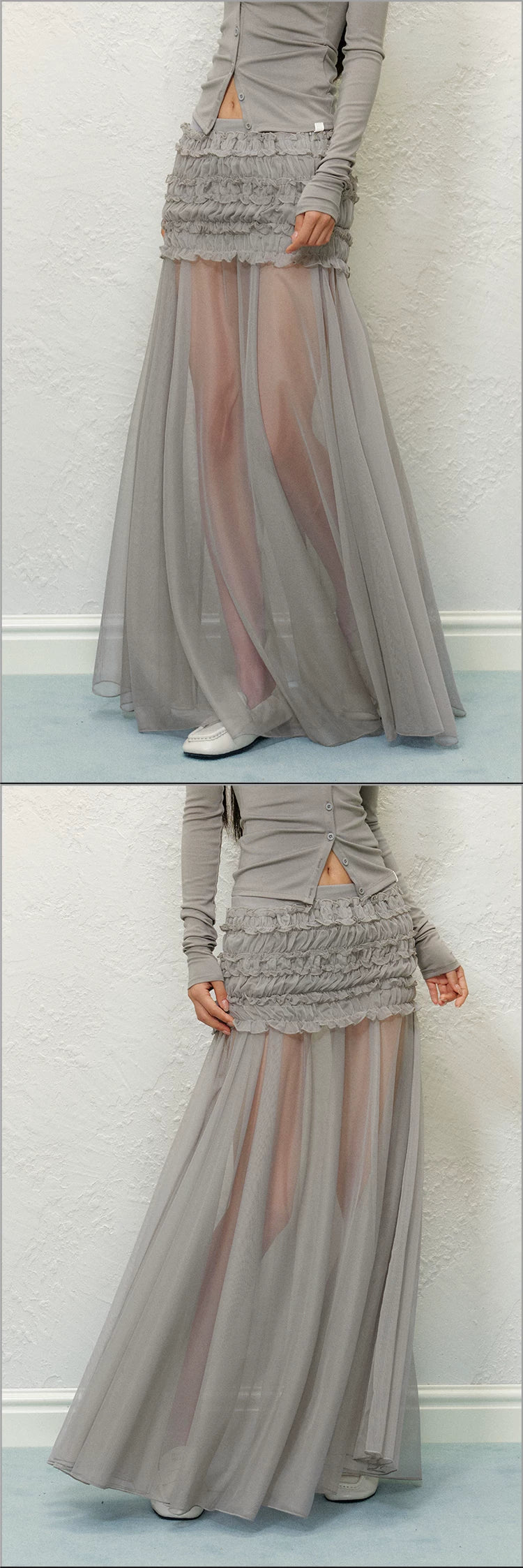 "Soft Horizon" Gray Mesh Panel Bodycon Maxi Skirt