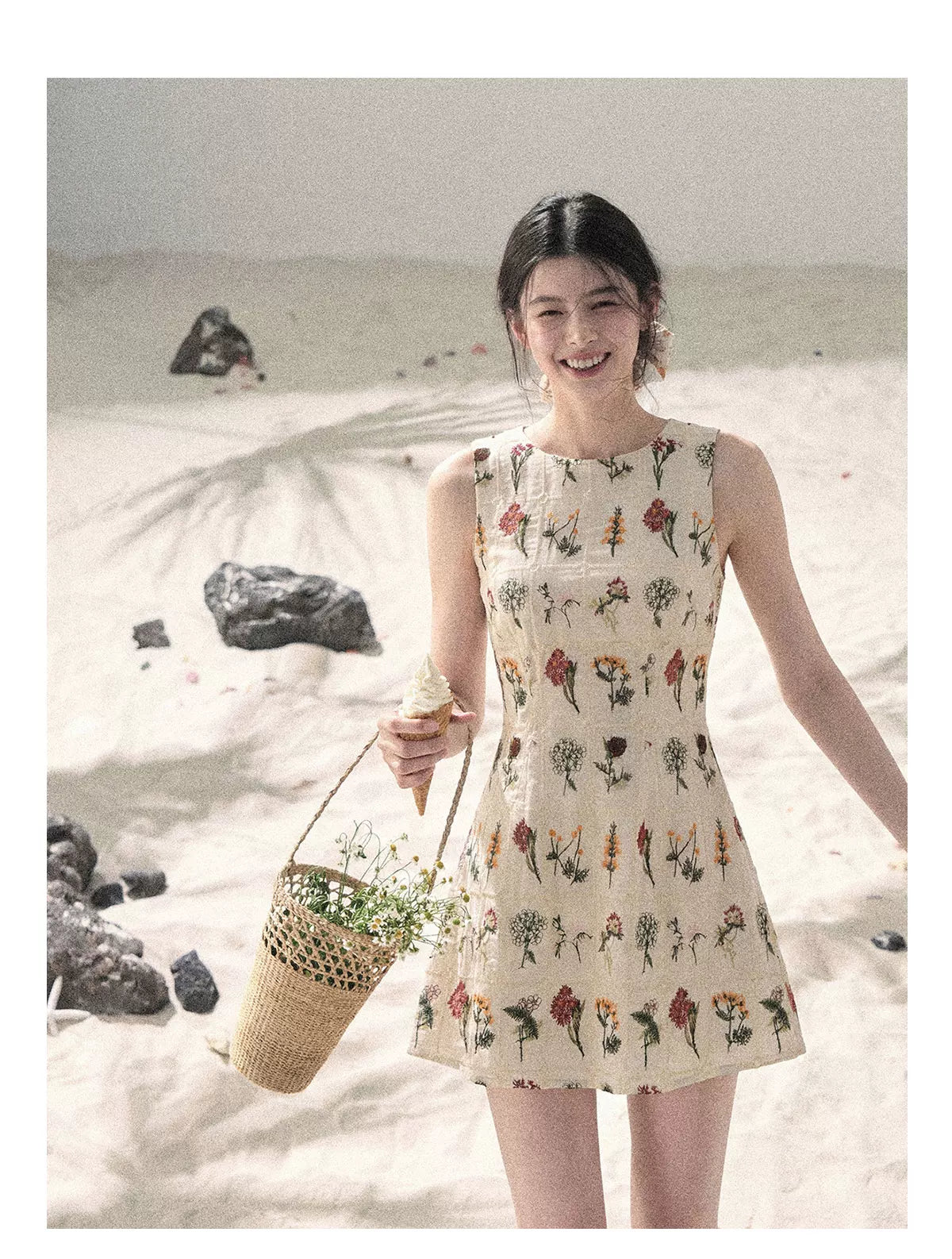 "Wildflower Daydream" Dutch Cream Embroidered Mini Dress - Sleeveless 45684