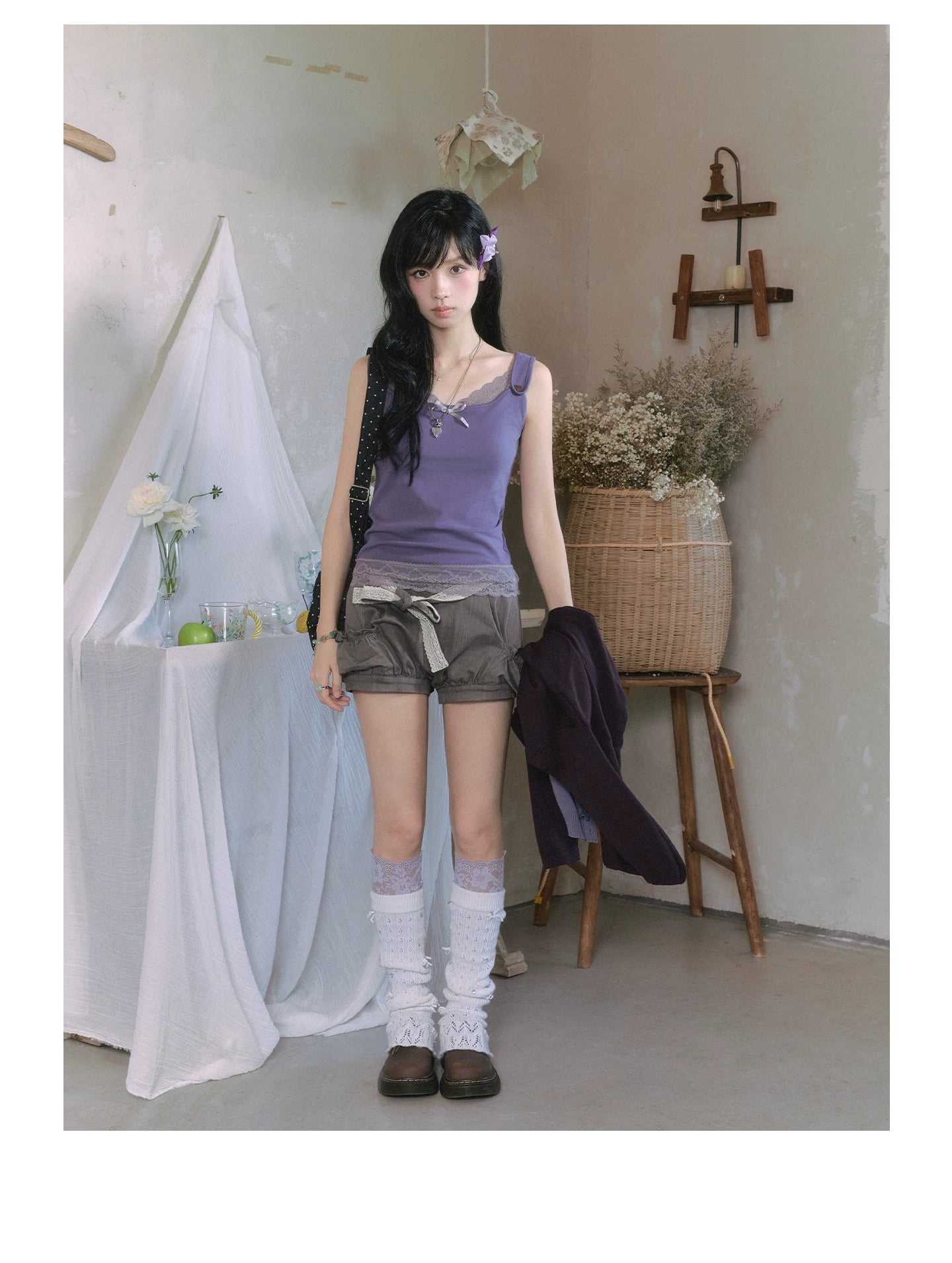 "Sage Whisper" Two-Tone Lace Cami Top (Sage Stripe / Lavender)