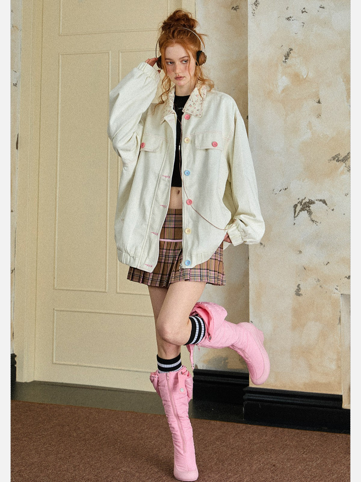 EZEK - Retro Floral Collar Oversized Denim Jacket