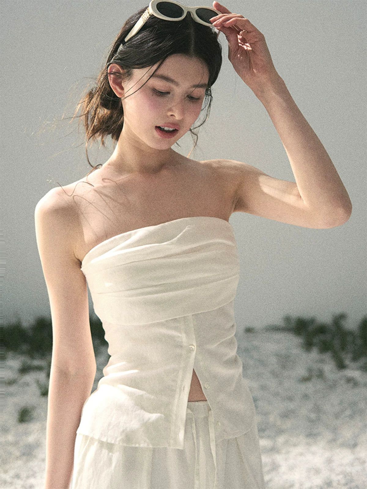 “Breath Across the Shoulders” Natural Beige Layered Bustier Top & Wide-Leg Trousers