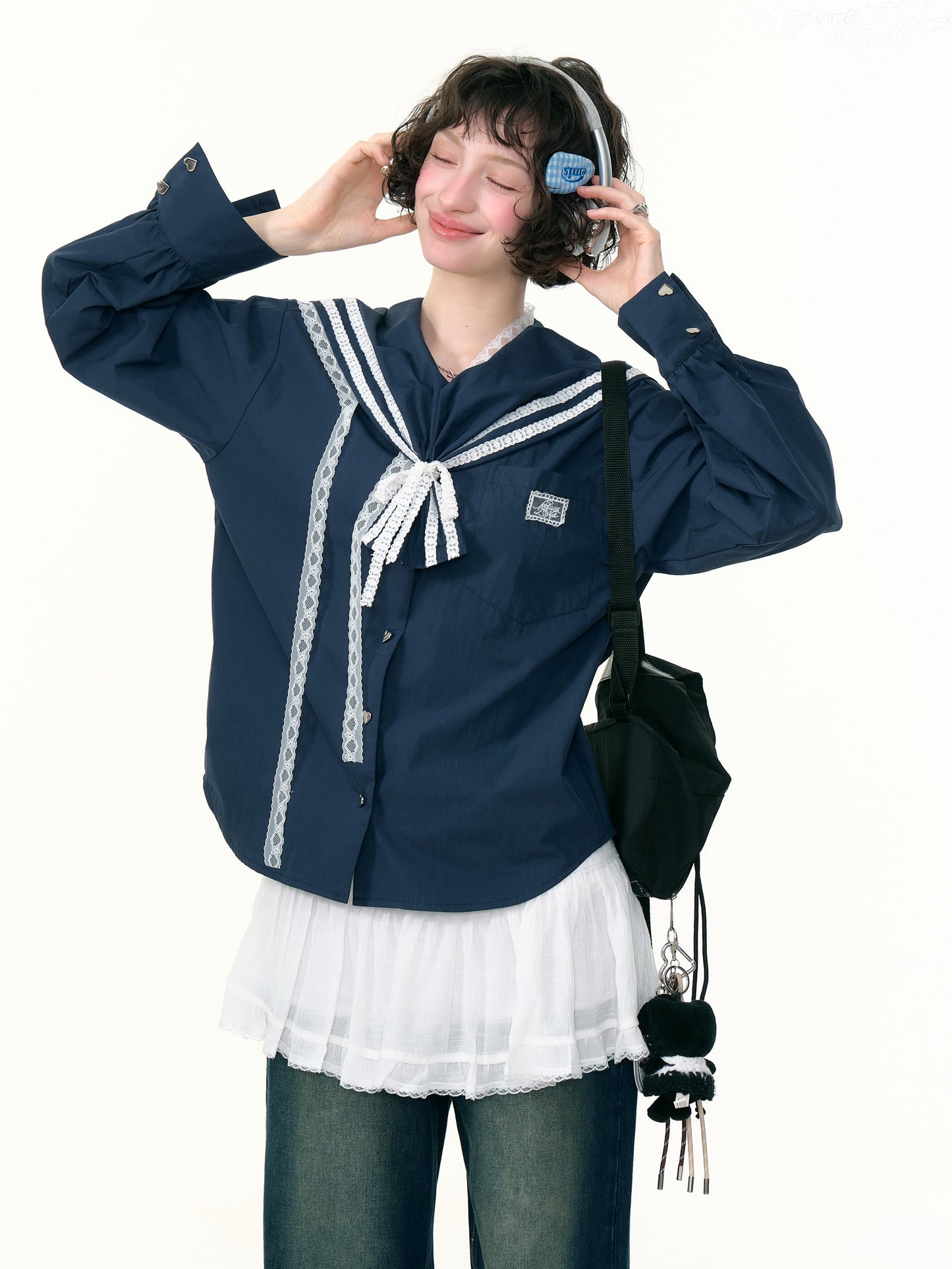 ZiziFei - Navy Collar Lace-Trimmed Long Sleeve Blouse
