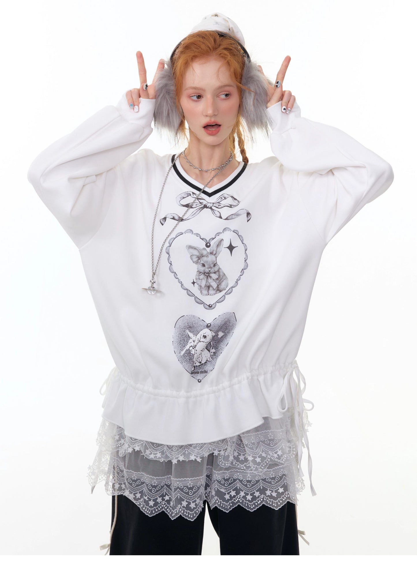 ZiziFei - Sweet Bunny Club V-Neck Sweatshirt – Ribbon & Drawstring Hem