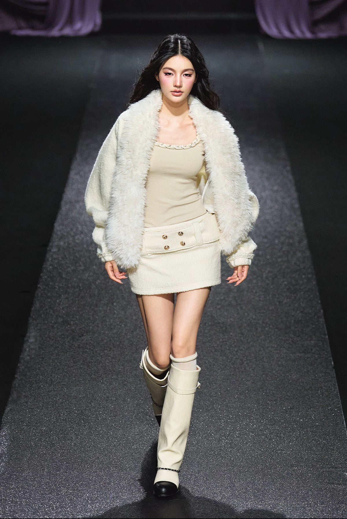 "Winter Heiress" Ivory Wool-Blend Belted A-Line Mini Skirt