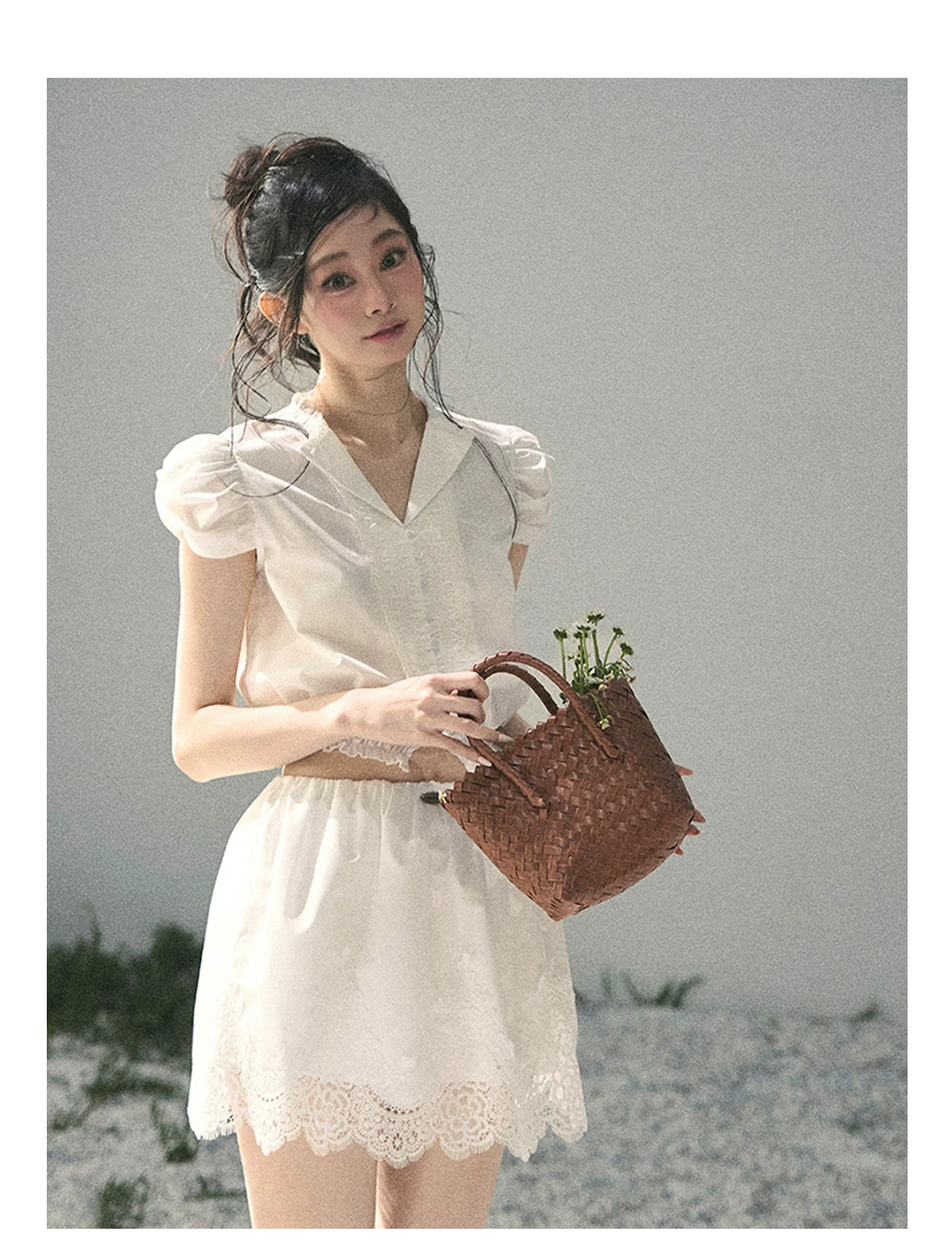 "Rose Petals in Secret" Cloud White Lace Two-Piece Skirt Set 142453