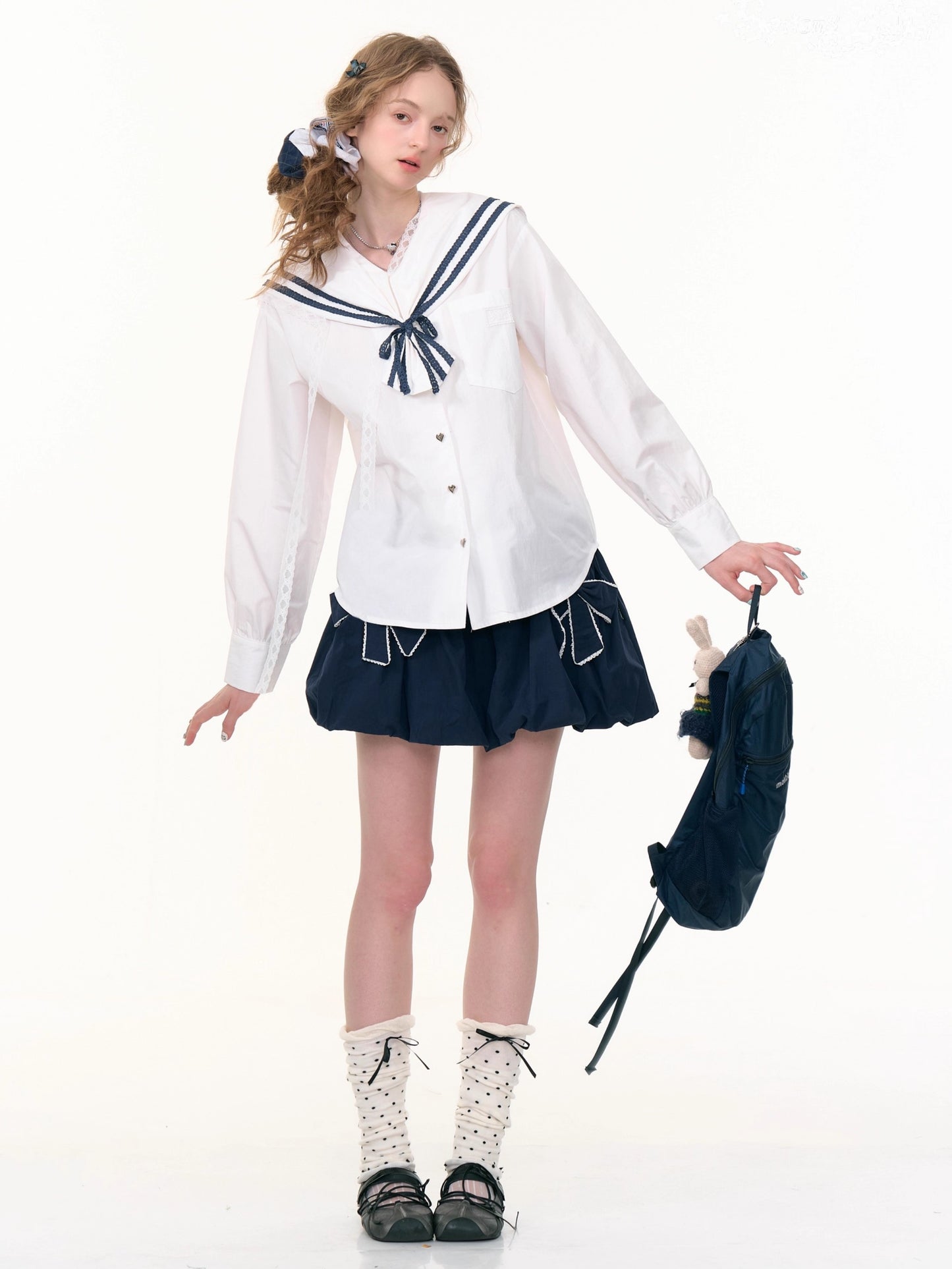 ZiziFei - Navy Collar Lace-Trimmed Long Sleeve Blouse