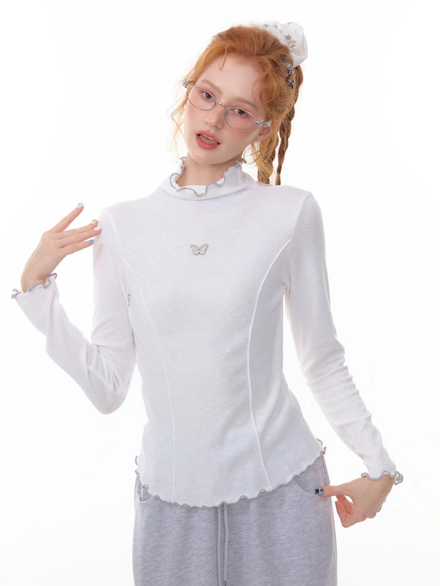 ZiziFei - White Sheer Ruffled Mock Neck Base Layer Top with Butterfly Accent