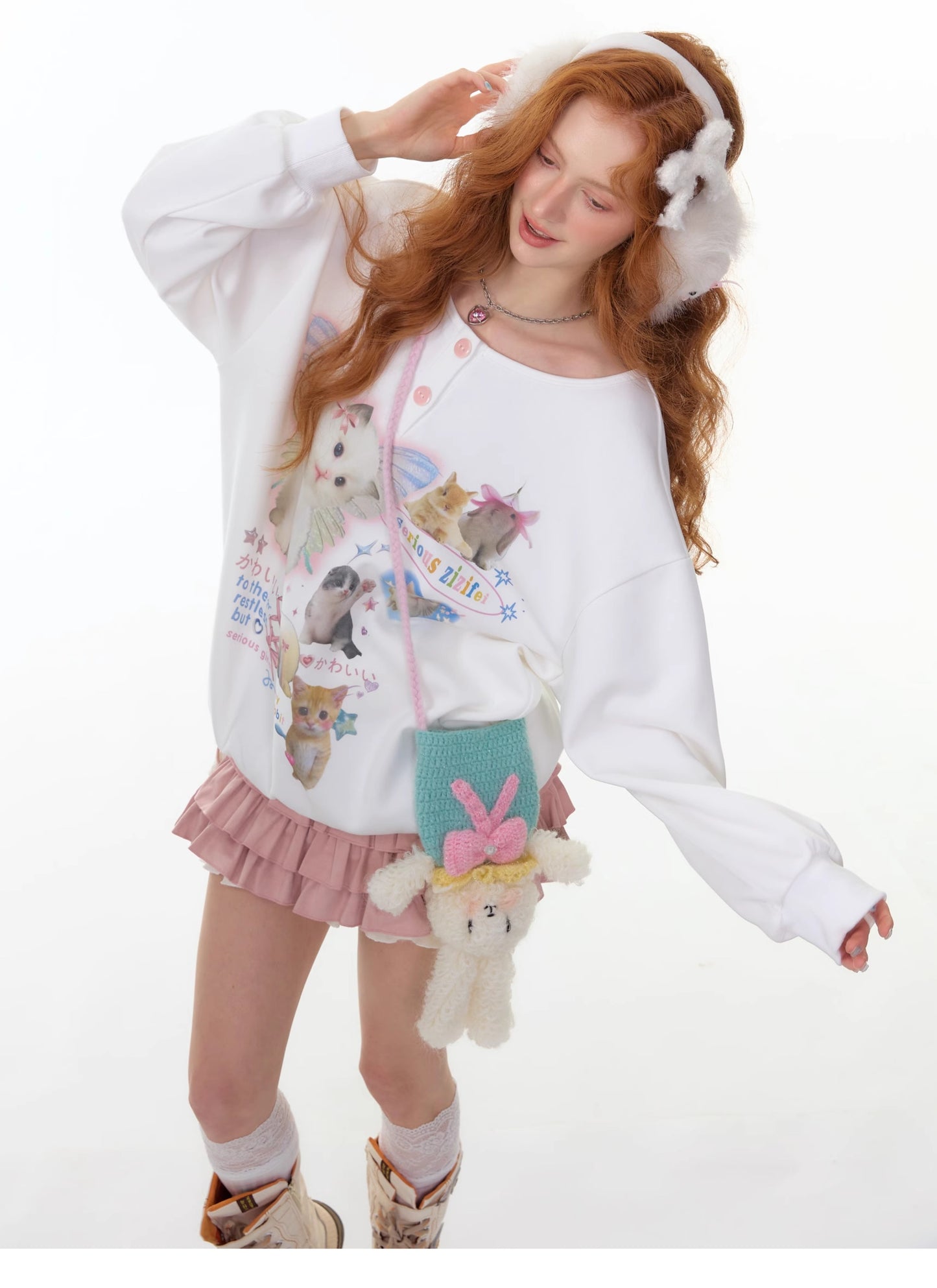 ZiziFei - Oversized Cat Print Peter Pan Collar Sweatshirt