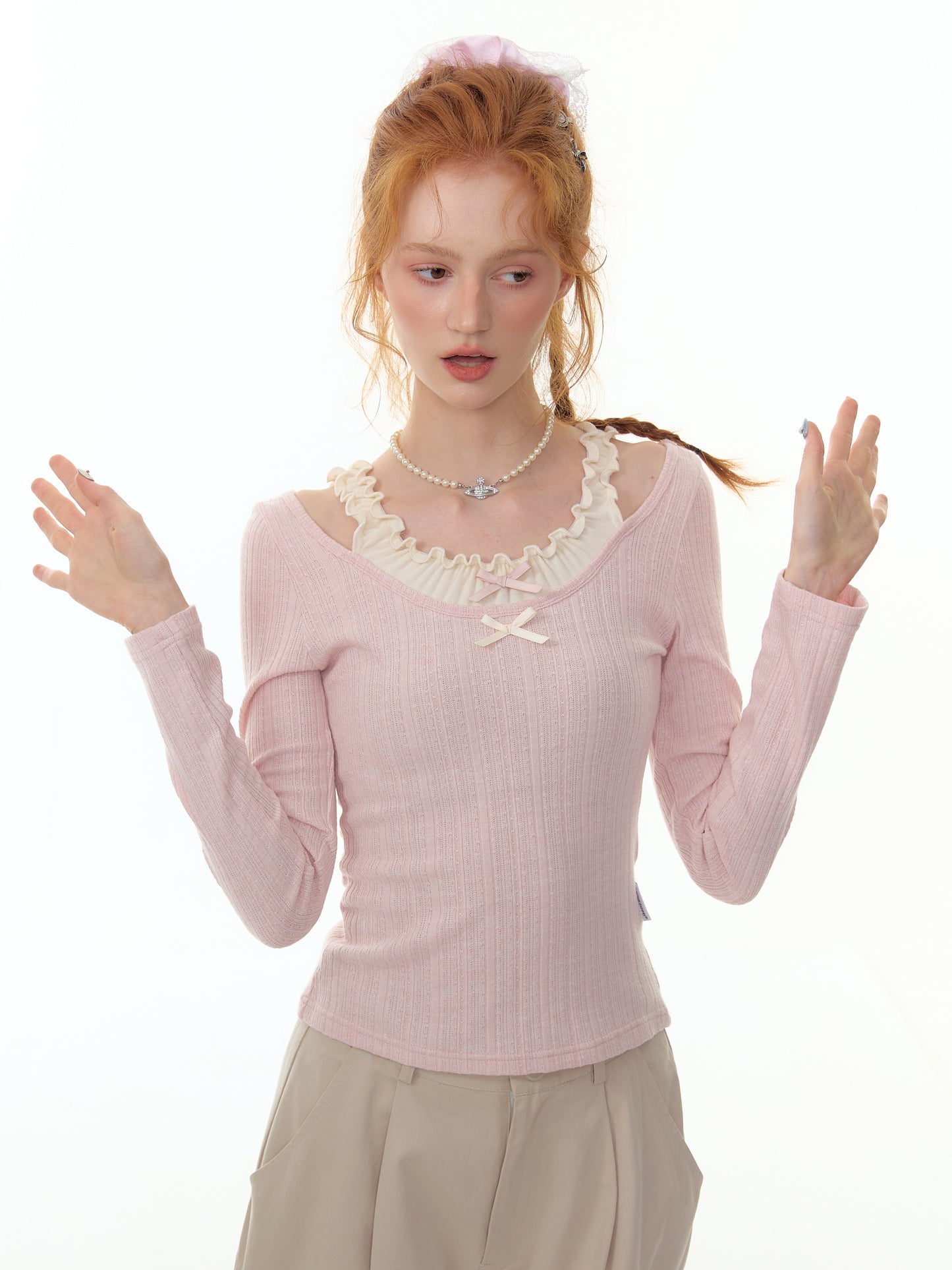 ZiziFei - Layered Bow Knit Top with Faux Two-Piece Ruffle Detail – Pink / Beige
